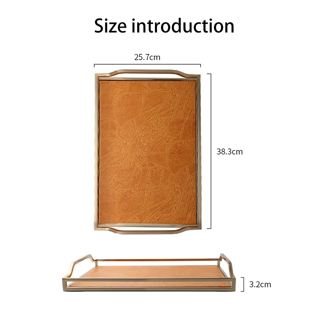 Premium Rectangular PU Leather Tray with Gold Metal Handles - Stylish Desktop Organizer & Serving Tray for Coffee, Jewelry, Keys - Perfect for Kitchen Counter, Living Room, Office & Bedroom Decor (Orange)