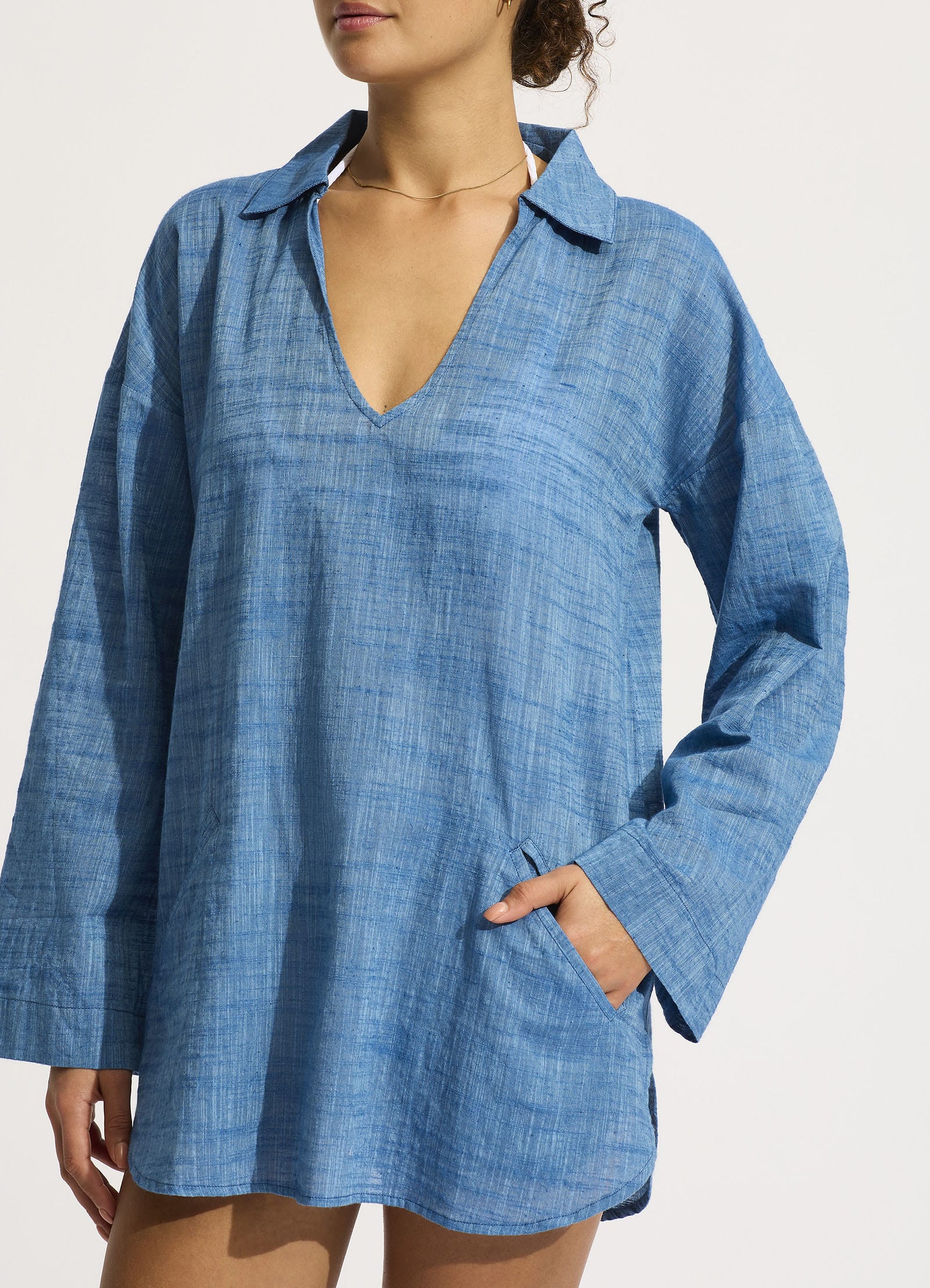 Men's Longline Beach Shirt - Lightweight Chambray Button Down for Summer | Casual Wear, Vacation Outfits & Beach Cover-Up