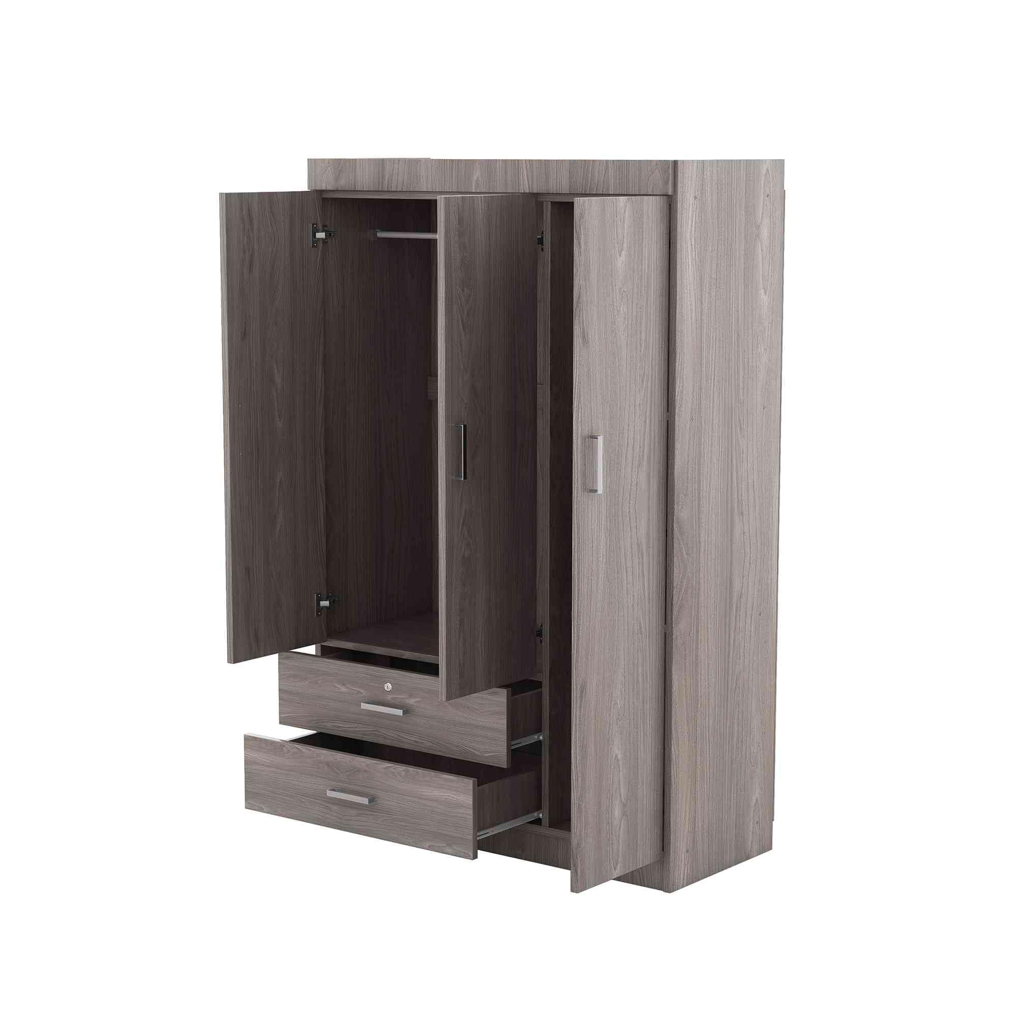 ATY Wooden 3-Door Wardrobe Closet with 2 Drawers & Shelves, Freestanding Clothes Storage Cabinet with Hanging Rail - Gray Armoire Organizer for Bedroom, Closet, Dorm Room & Home Office Storage Solution