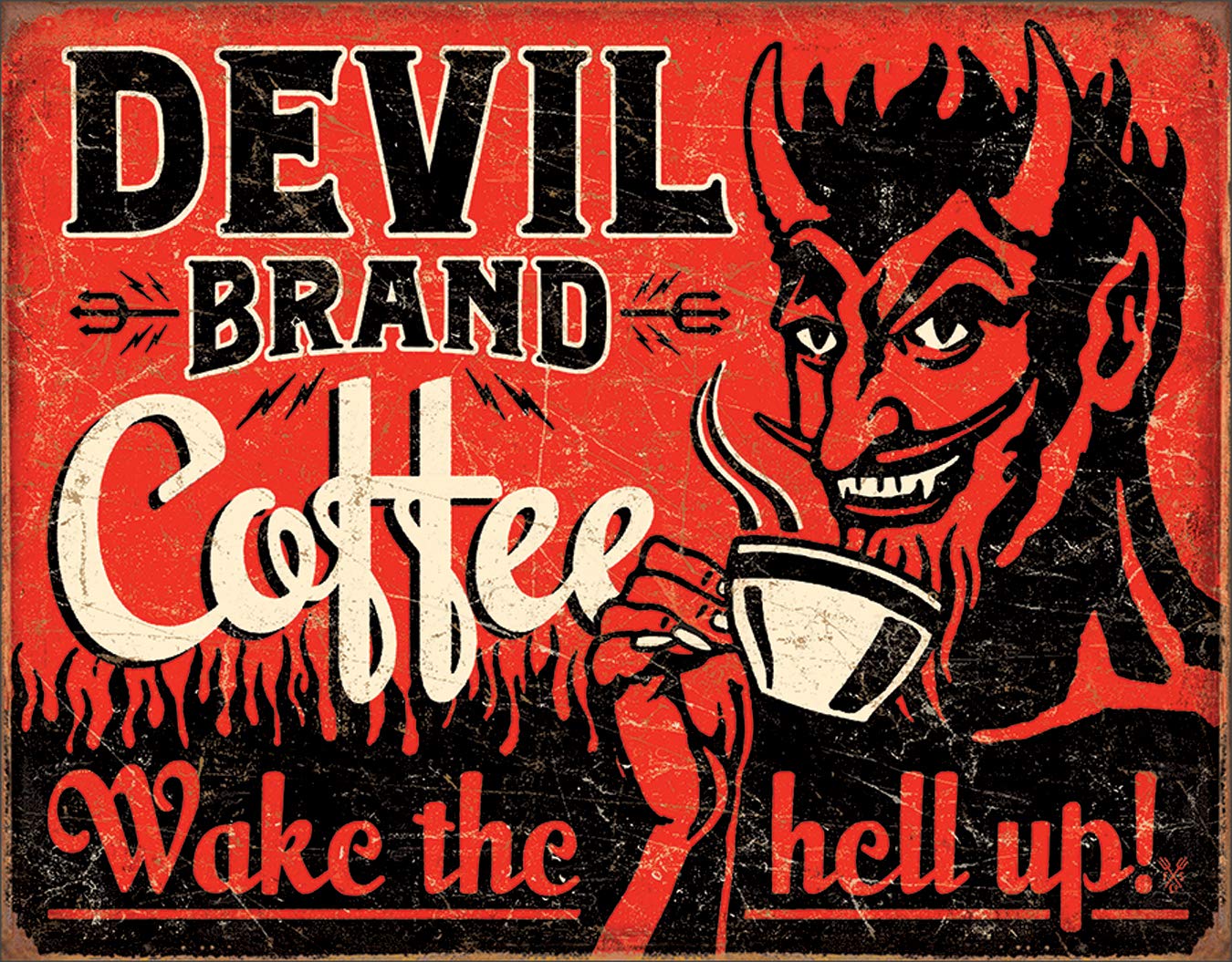 Desperate Enterprises Devil Brand Coffee Tin Sign - Vintage Metal Wall Art for Coffee Bar & Kitchen Decor - Retro Café Style Made in USA - Perfect for Home, Office, or Restaurant Décor