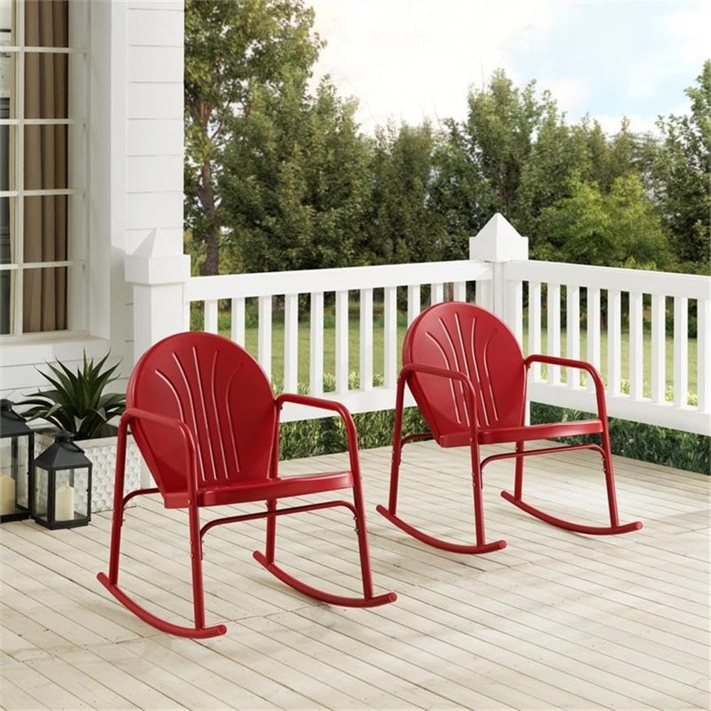 Premium Steel Metal Rocking Chair Set of 2 - Vibrant Glossy Red Finish - Outdoor Patio, Garden, Porch & Living Room Relaxation Furniture