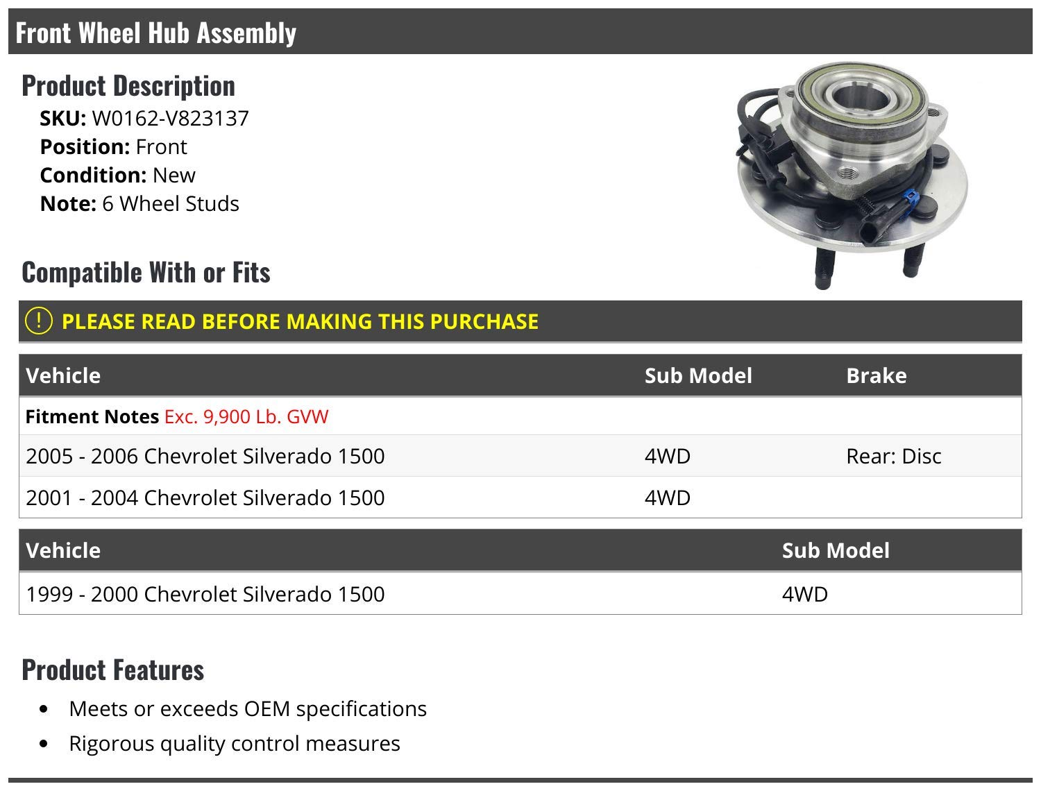 High-Quality Front Wheel Hub Assembly with 6 Wheel Studs - Compatible with 1999-2006 Chevy Silverado 1500 4WD | Perfect for Off-Roading, Towing & Daily Driving