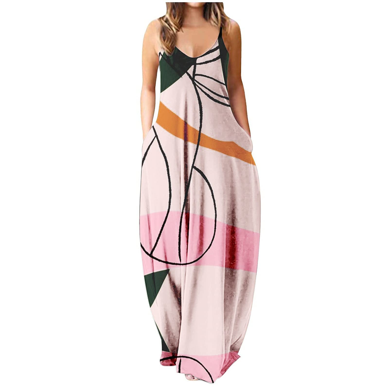 iQKA Women's Maxi Dress - Colorful Long Sleeveless V-Neck Tunic Dress with Pockets | Summer Casual Wear | Perfect for Beach, Vacation & Outdoor Activities