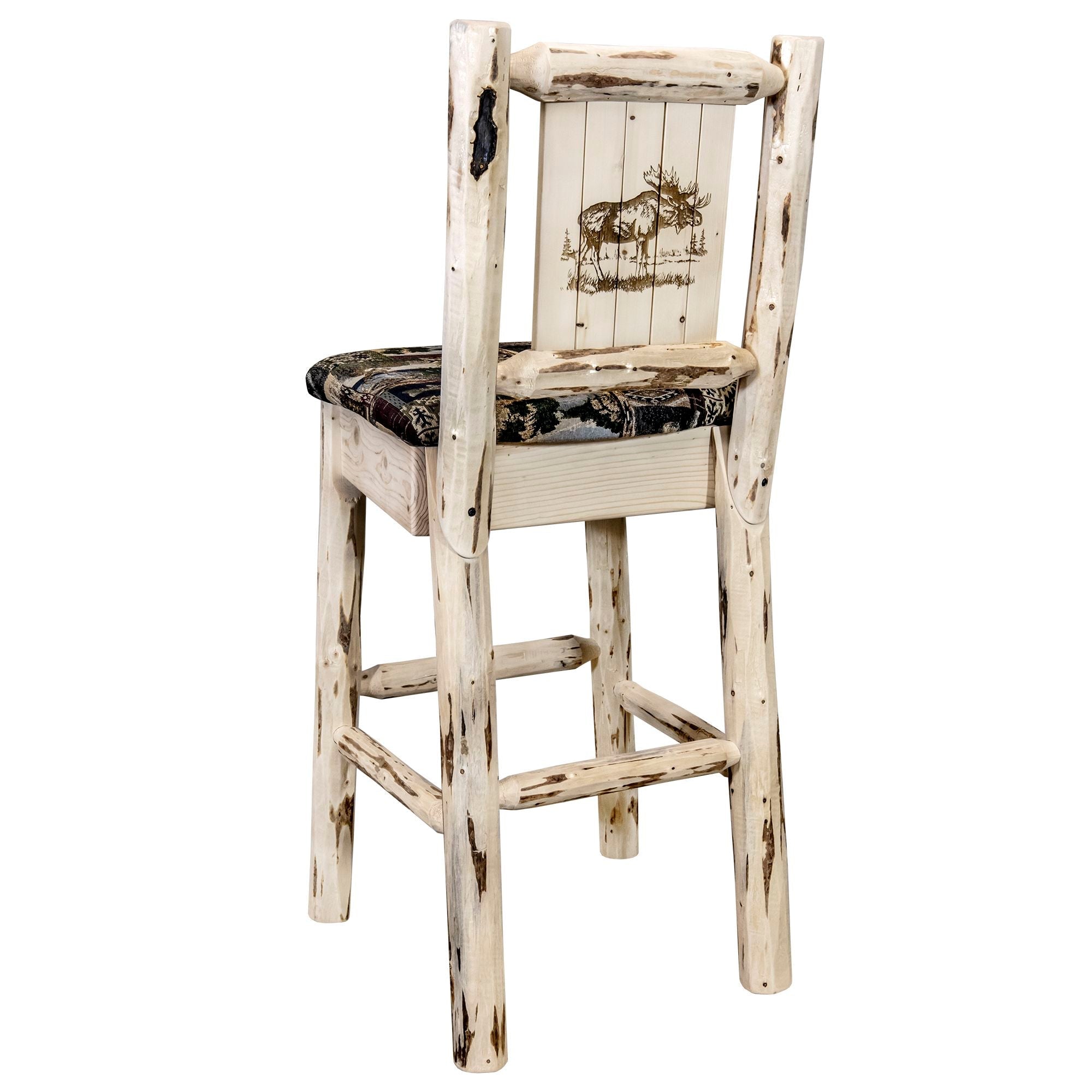 Montana Barstool with Back - Rustic Woodland Upholstery & Laser Engraved Design - Unfinished DIY Project - Perfect for Home Bar, Kitchen Island, and Cabin Decor