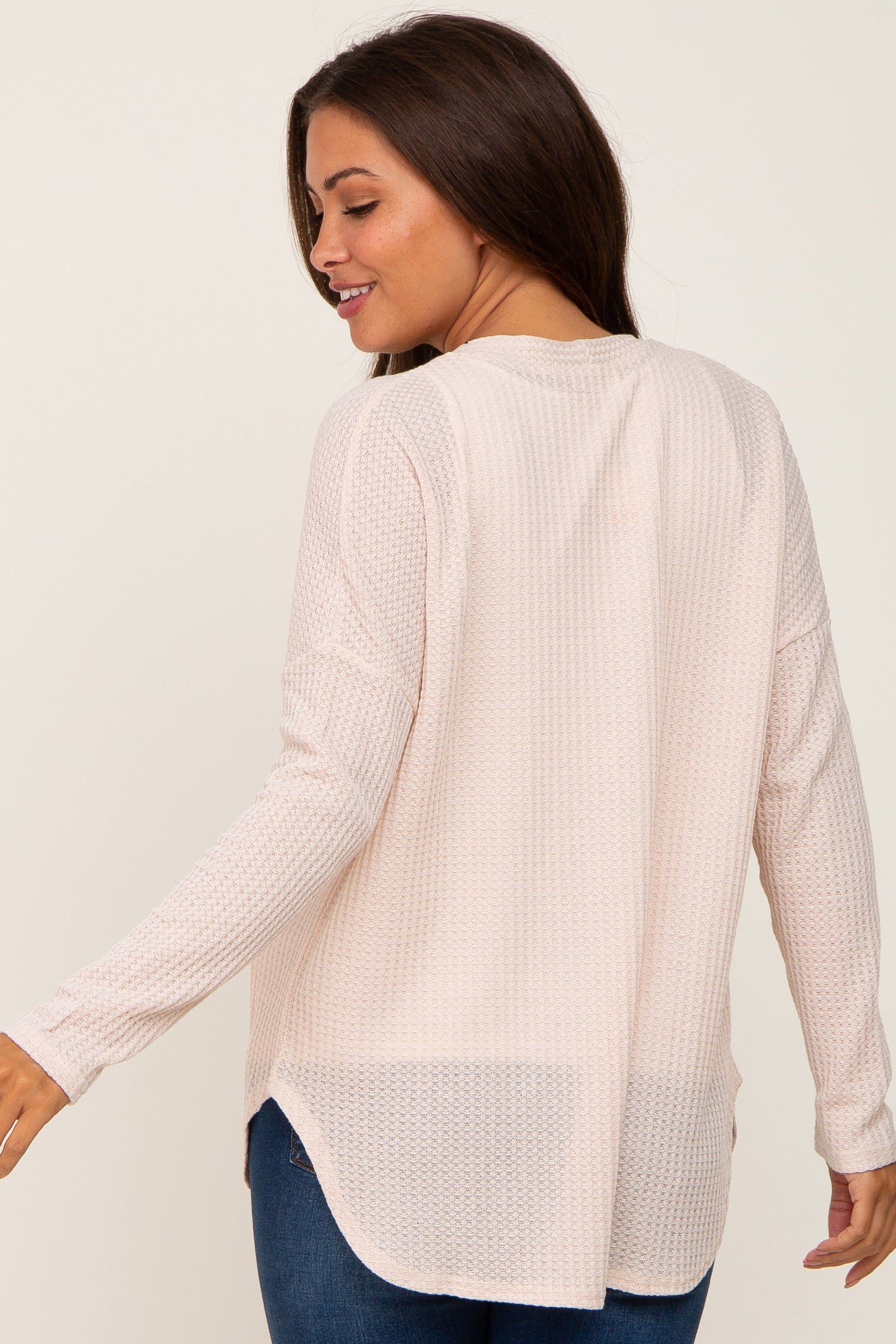 Beige Waffle Knit Button Down Maternity Top for Women - Soft & Comfortable Pregnancy Shirt - Perfect for Casual Wear, Nursing & Maternity Photos