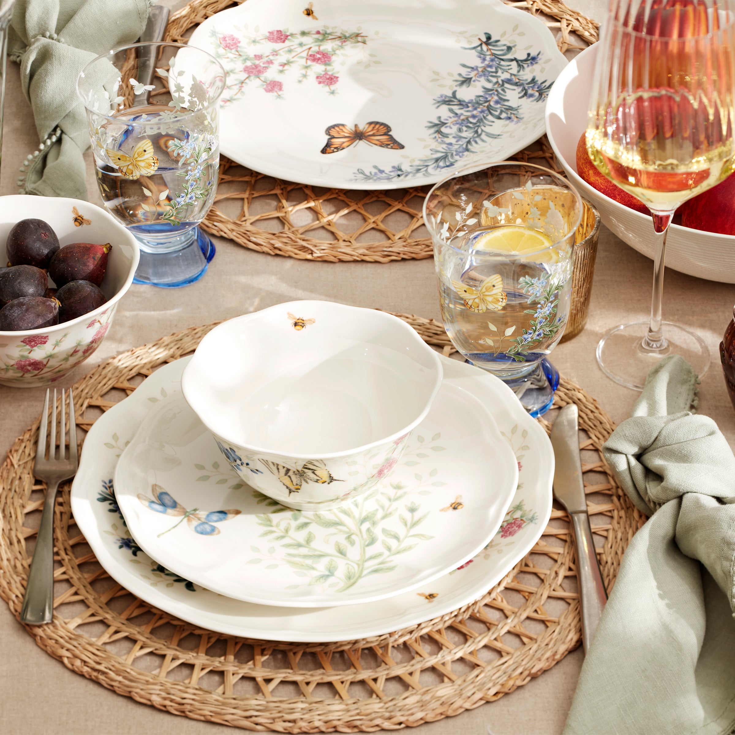 Butterfly Meadow Herbs Accent Plates - Set of 4 Floral Decorative Dinner Plates for Spring Table Setting, Garden Party, and Home Decor