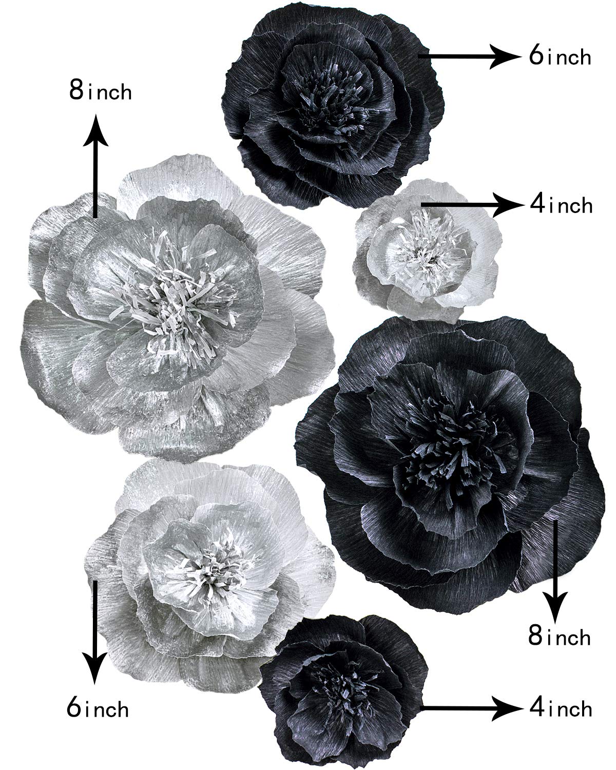 3D Paper Flower Wall Decor - Silver Black Set of 6 | Elegant Wedding, Birthday & Baby Shower Decoration | Perfect for Home, Party & Event Backdrops