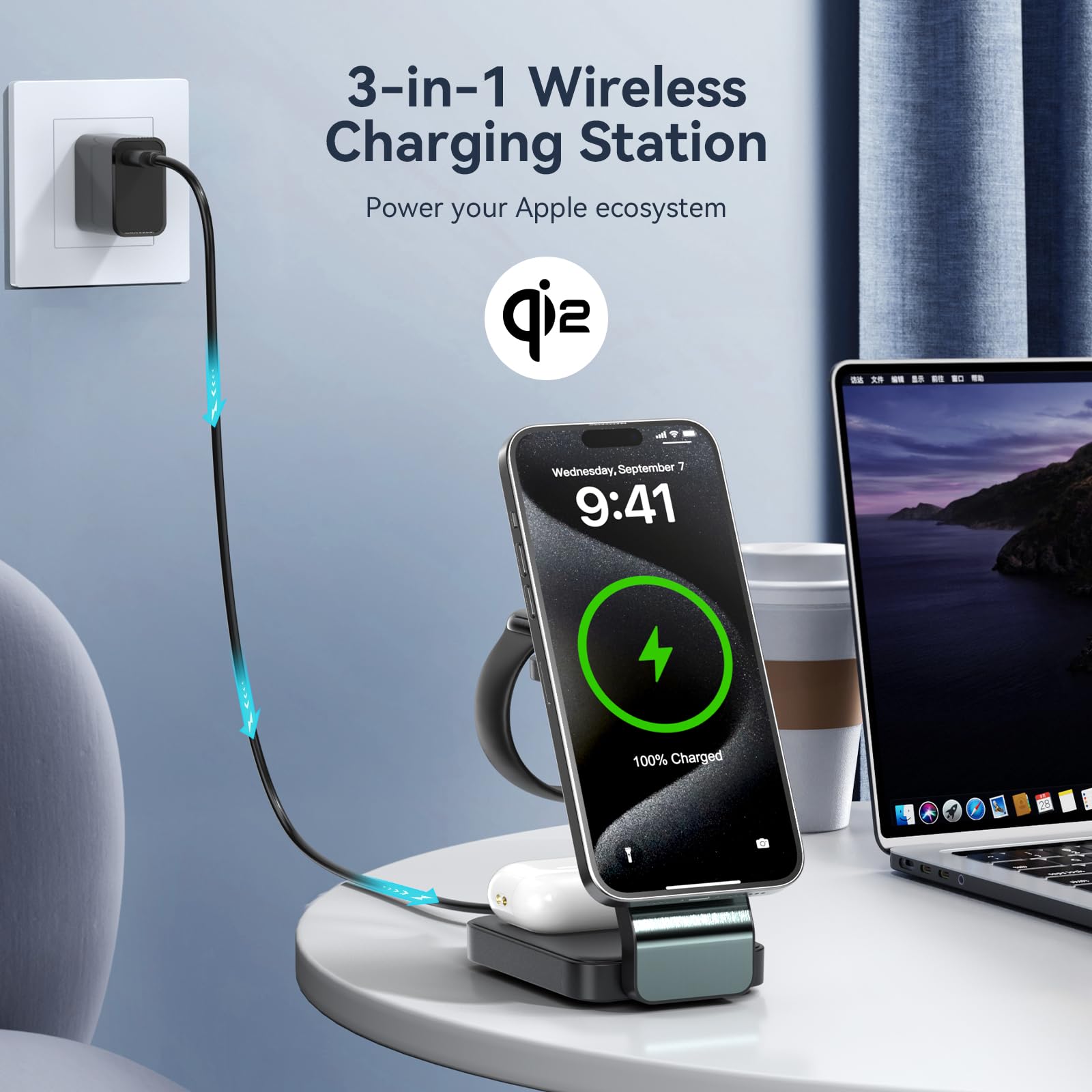3-in-1 Magnetic Wireless Charging Station for iPhone 16/15/14/13/12 Series, Apple Watch & AirPods - Qi2 Certified 15W Fast Charger Stand with Foldable Design (Black) - Perfect for Home, Office & Travel Charging Needs