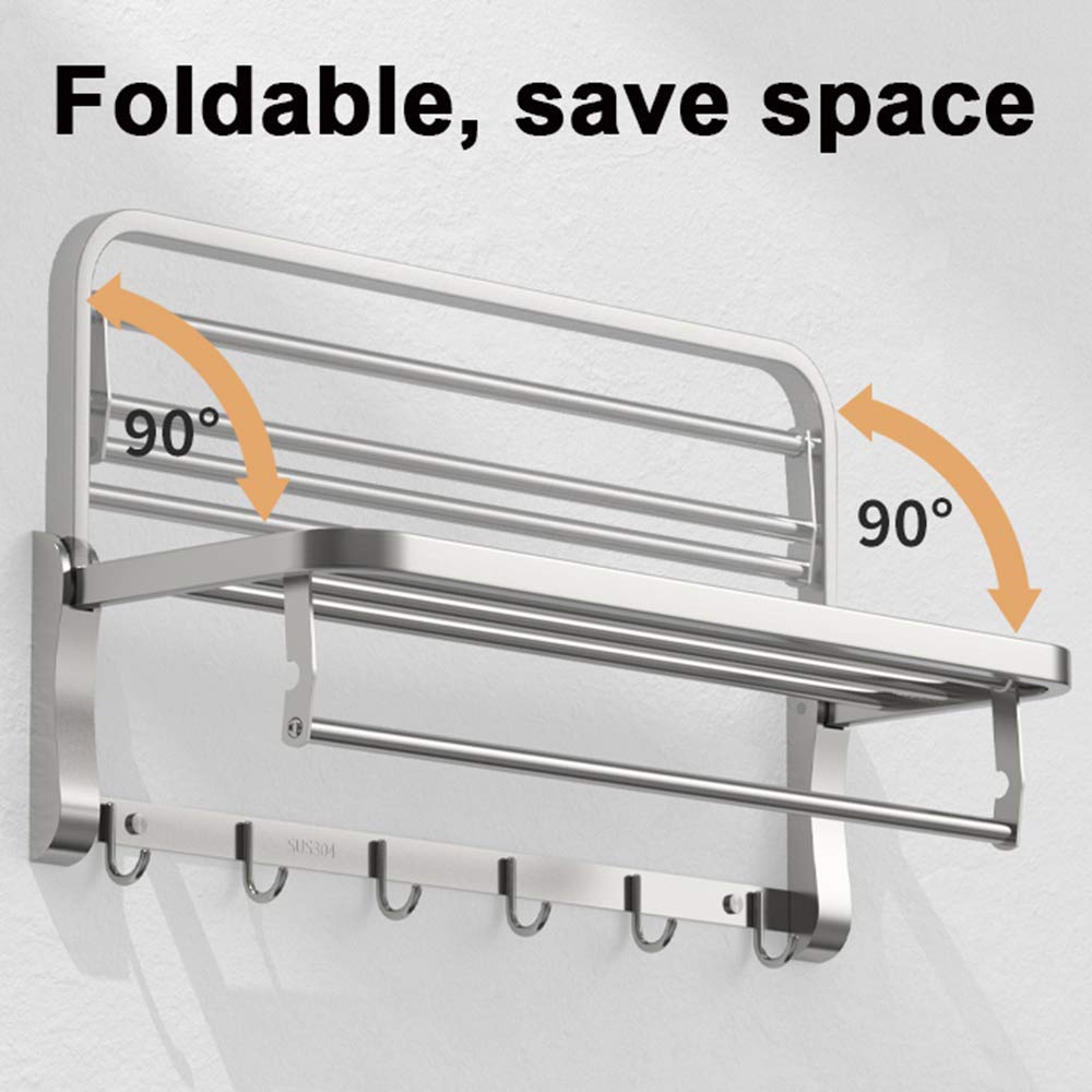 Stainless Steel Foldable Wall Mounted Towel Rack with 6 Hooks - Double Towel Holder & Shelf for Bathroom, Kitchen, Laundry Room - 80cm Silver Towel Rail for Space Saving Organization