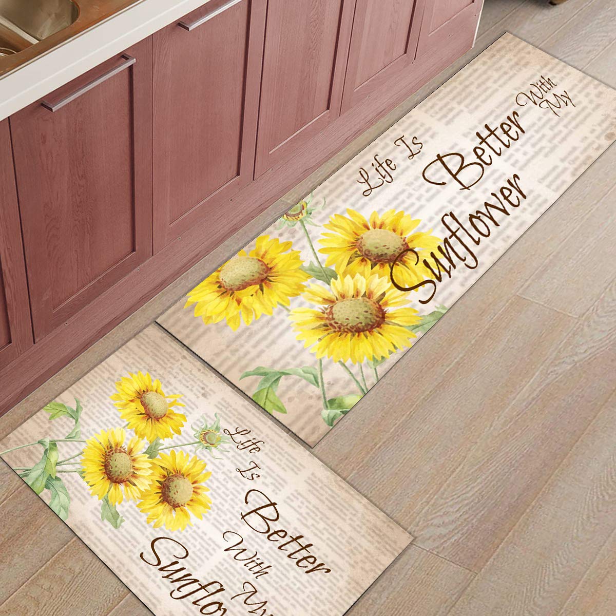2-Piece Non-Slip Sunflower Kitchen Rug Set - Washable Floor Mats & Runner for Kitchen, Entryway, and Laundry Room - Life is Better with My Sunflower Decor