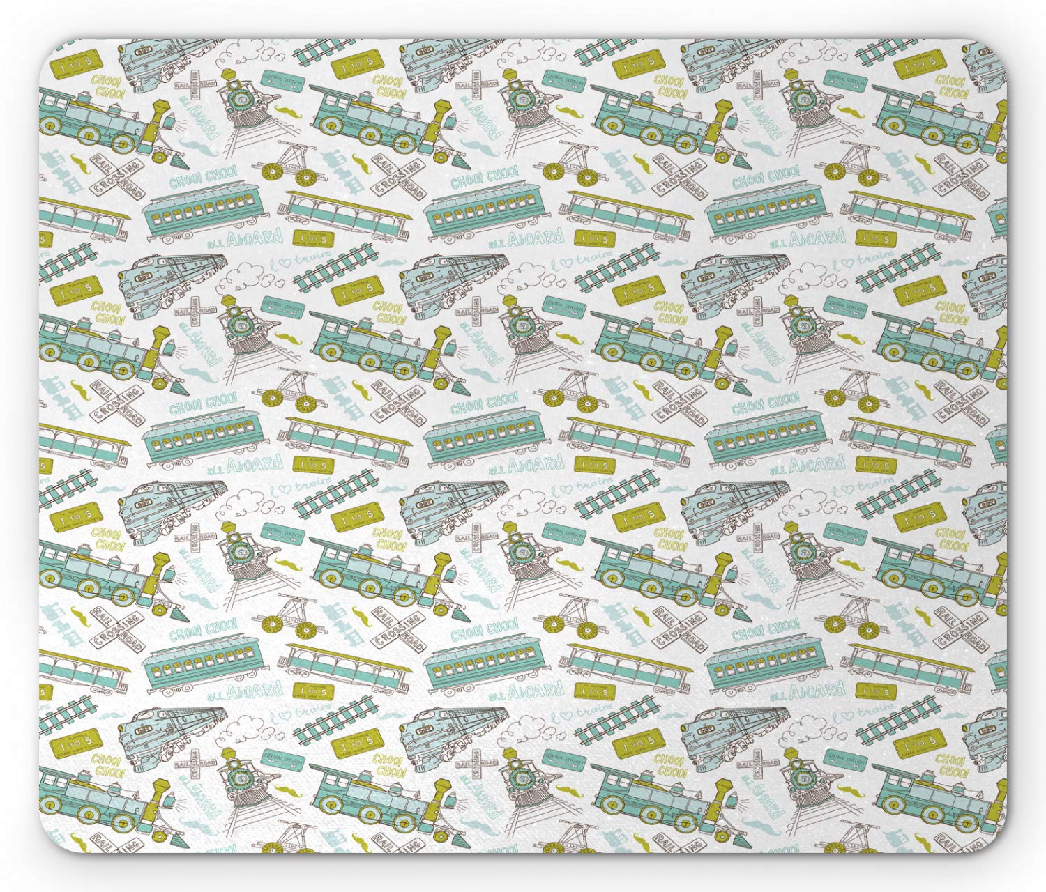 Ambesonne Vintage Steam Engine Mouse Pad - Choo Choo Train & Number Signs Travel Theme, Non-Slip Rubber Base, Standard Size (Apple Green Turquoise) for Office, Gaming & Home Computer Use