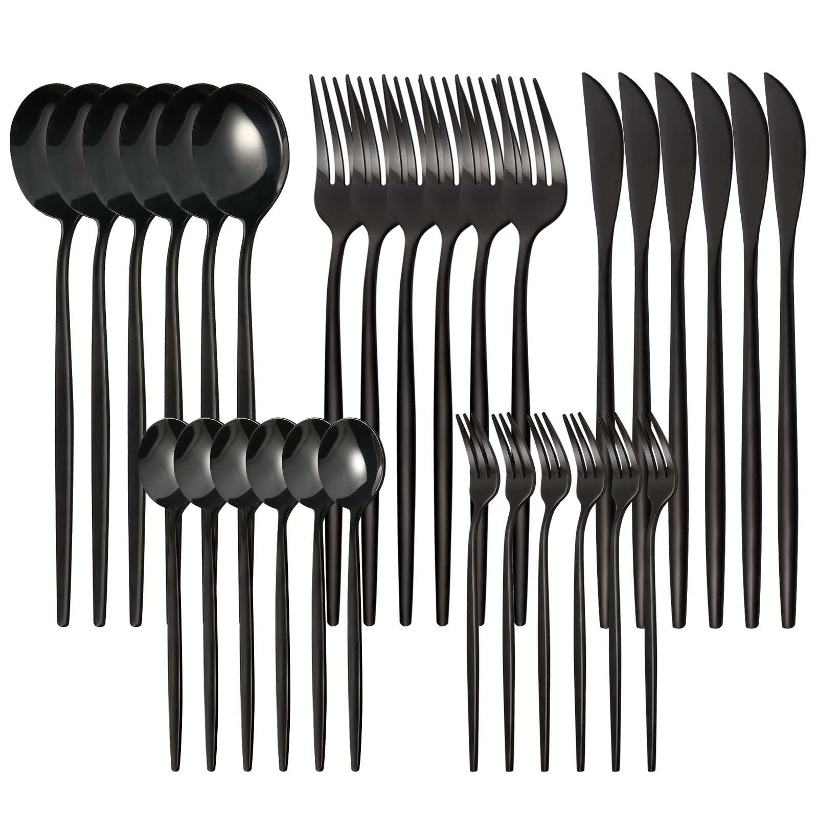 30-Piece Black Stainless Steel Flatware Set with Steak Knives - Mirror Polished Silverware for 6 People, Includes Forks, Spoons & Knives - Dishwasher Safe Dinnerware for Restaurants, Weddings & Elegant Dining