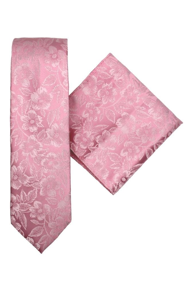 L.A. Smith Polyester Pink Floral Tie and Pocket Square Set - Elegant Matching Accessories for Weddings, Prom & Formal Events