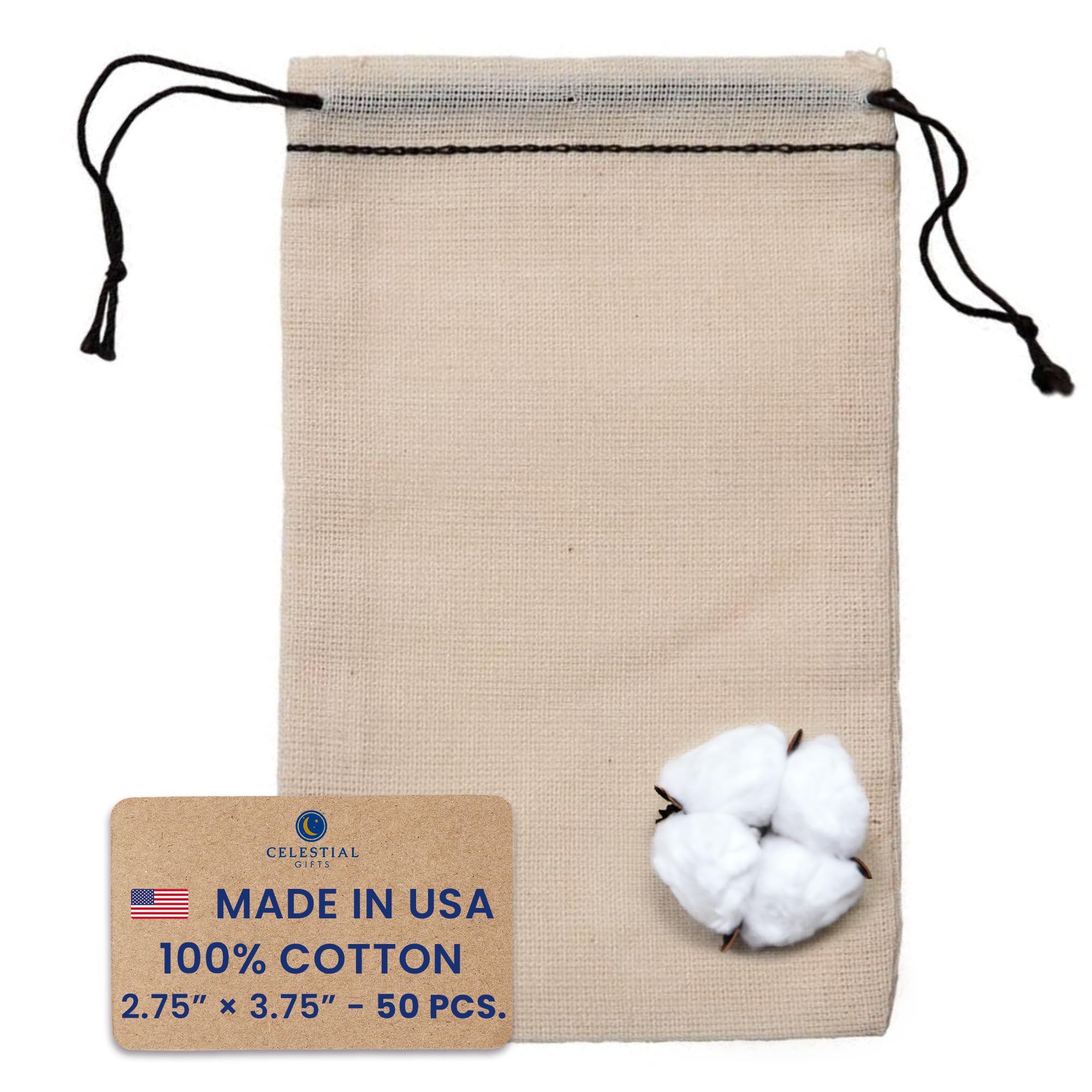 Premium 50-Pack Small Muslin Drawstring Bags 2.75x3.75 Inch - 100% Cotton Reusable Tea Bags, Jewelry Pouches, Spice Sachets & Gift Favor Bags - Made in USA with Black Hem & Double Drawstring - Perfect for DIY Crafts, Wedding Favors, Herbal Tea Blends & Essential Oil Storage