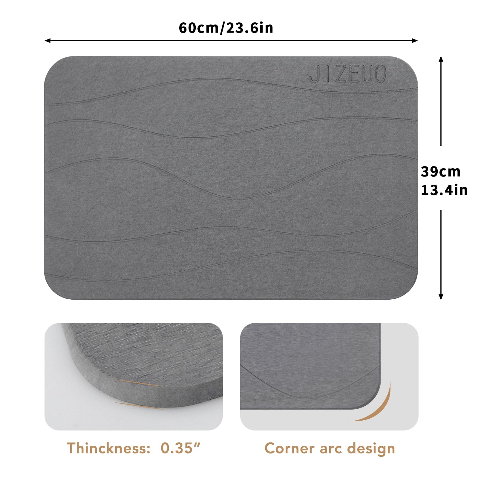 Premium Diatomaceous Earth Bath Mat - Non-Slip Super Absorbent Quick Drying Stone Shower Mat for Bathroom Floor (2 Pack, Grey) - Perfect for Wet Rooms, Spa Showers & Modern Bathroom Decor