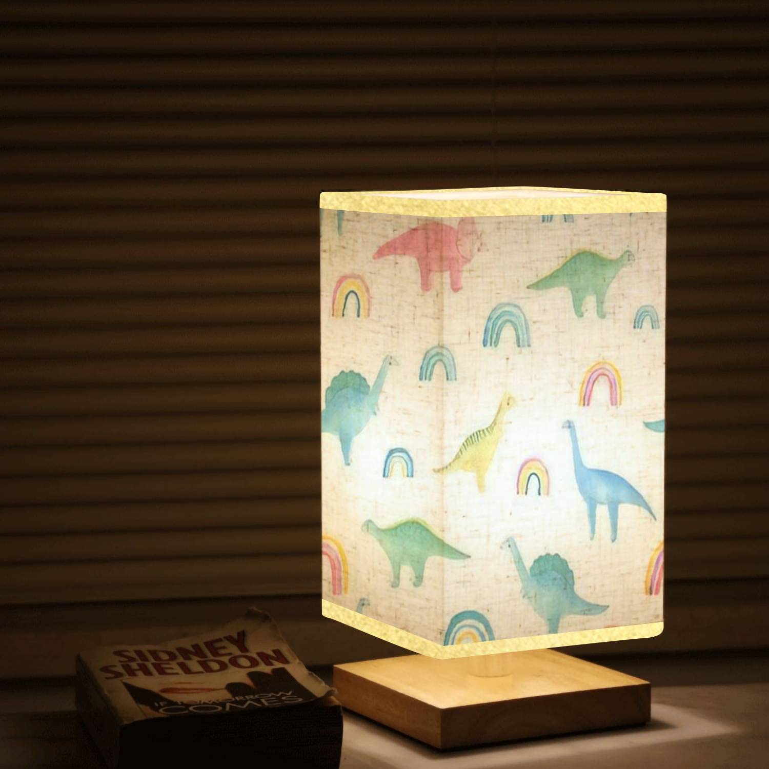 Dimmable Dinosaur Kids Nightstand Lamp - Wooden Base with Flaxen Fabric Shade, Square Bedside Table Light for Children's Room, Nursery, Bedroom & Living Room | Perfect Reading Light and Cozy Nightlight for Bedtime