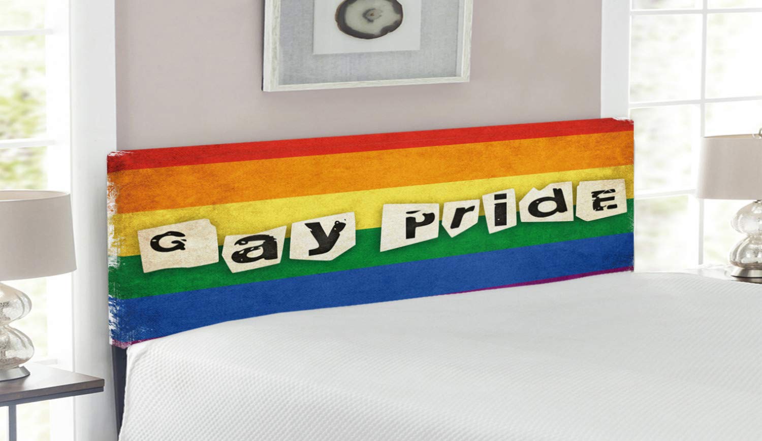 Ambesonne Pride Headboard - Vintage Rainbow Flag LGBT Parade Design with Gay Pride Typography, Upholstered Metal Bed Frame with Memory Foam - Queen Size Multicolor - Perfect for LGBTQ+ Bedroom Decor & Pride Month Celebrations