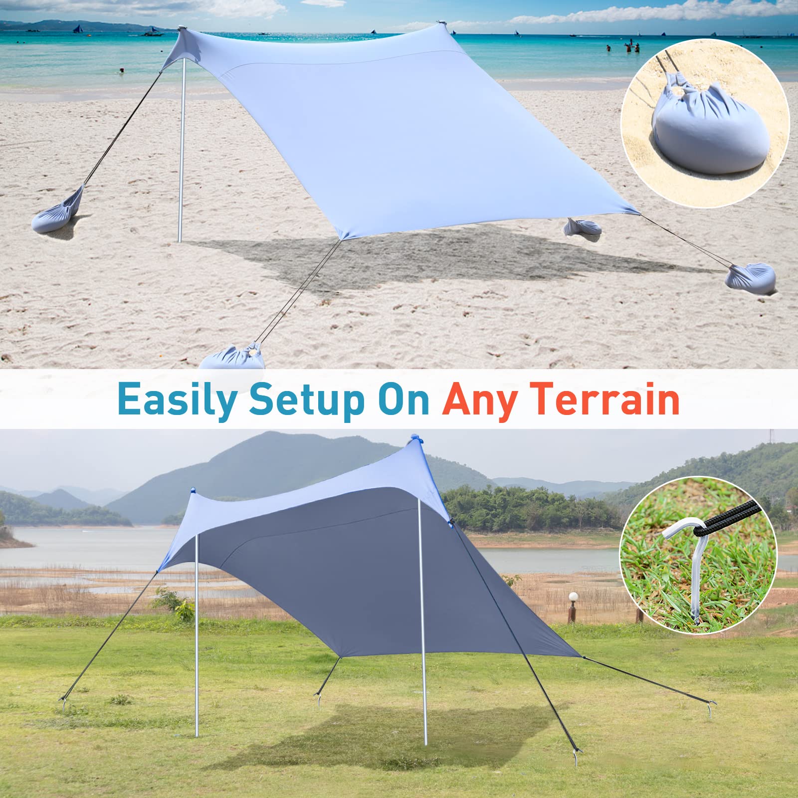 4-5 Person Pop Up Beach Tent with UPF50+ Sun Protection - Portable 7x7 Ft Popup Canopy Shade Shelter for Camping, Fishing, Picnics & Outdoor Activities - Includes Carrying Bag (2 Pole, Blue) - Perfect for Beach Days, Family Outings & Backyard Relaxation