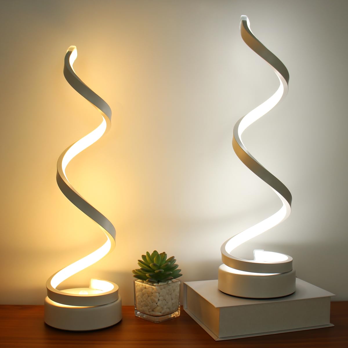 Modern Dimmable LED Table Lamps Set of 2 - 12W Spiral Desk Lamp with 3 Color Temperatures & 10 Brightness Levels for Bedroom Nightstand, Office, Living Room | Energy Efficient Bedside Lighting for Reading, Working & Relaxing (White)