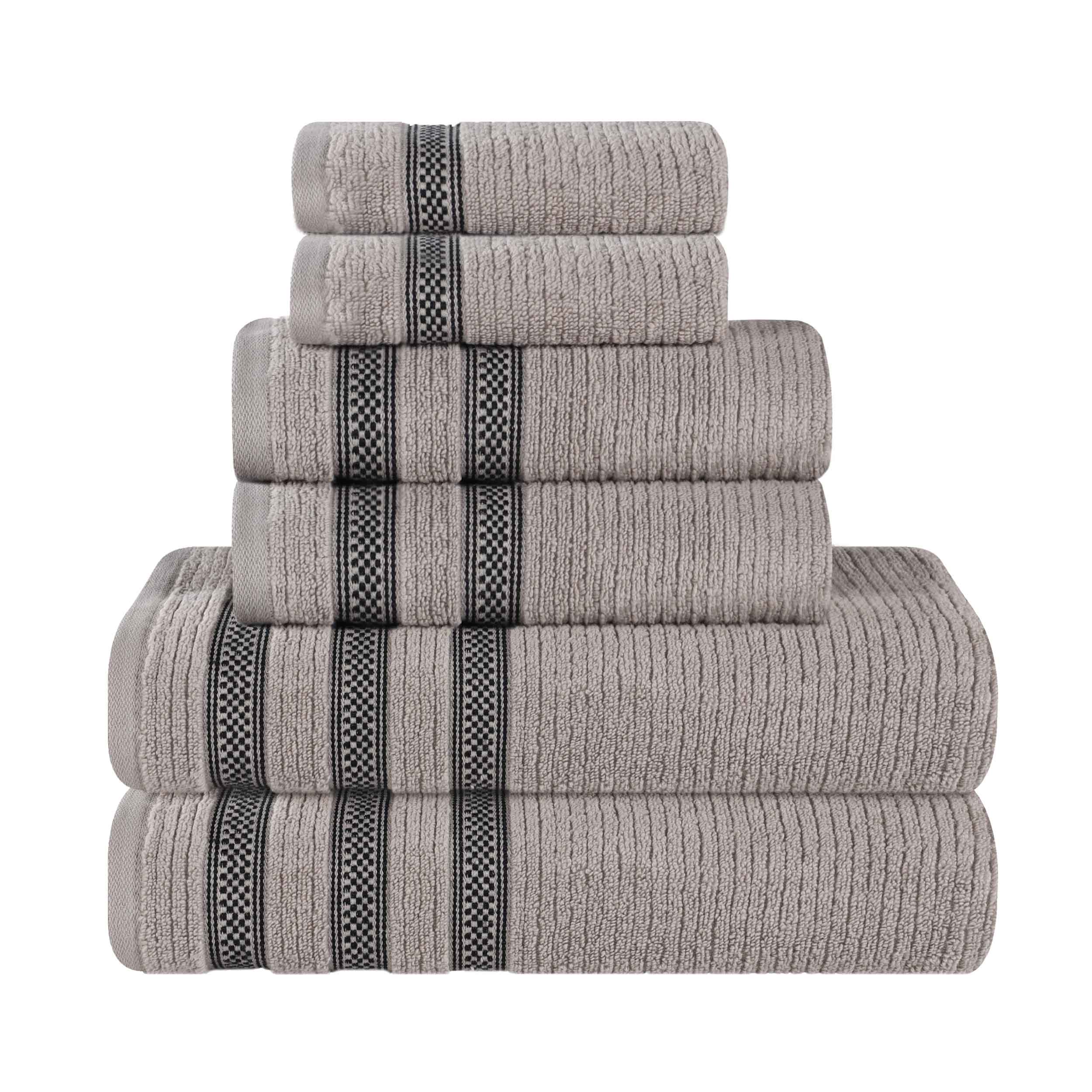 Premium 6-Piece Zero Twist Cotton Towel Set - Ultra Soft, Ribbed Geometric Border, Plush Bath & Beach Towels for Spa, Gym, and Poolside Luxury