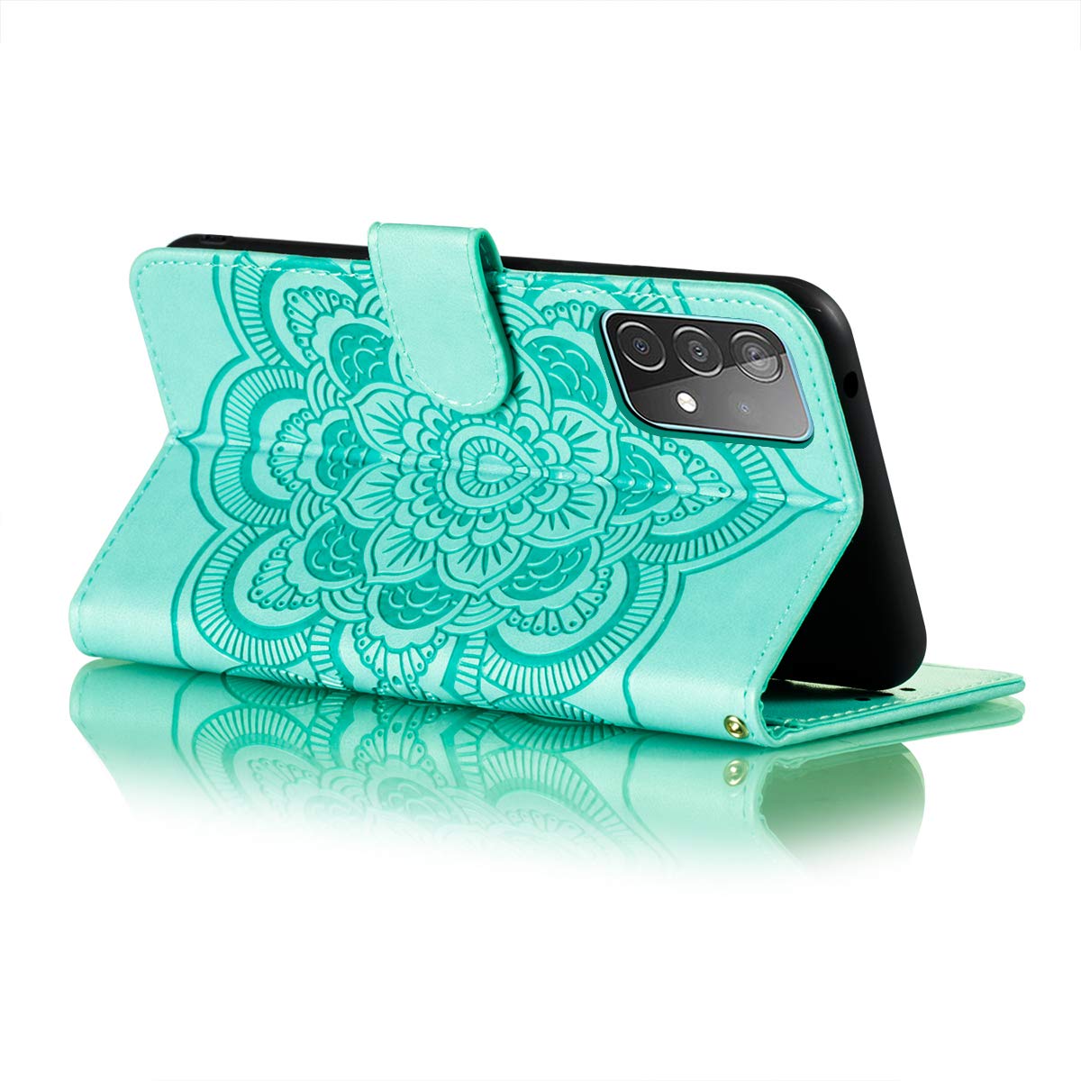Premium PU Leather Mandala Embossed Flip Wallet Case for Samsung Galaxy A52/A52 5G - Shockproof Phone Cover with Card Holder & Kickstand (Mandala Green) - Perfect for Work, Travel & Daily Protection