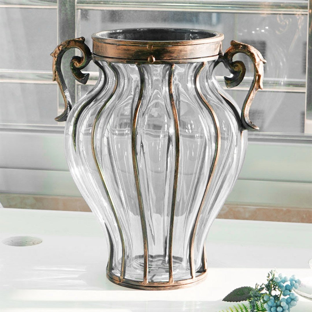 Clear Glass Flower Vase with 6 Bunch 4 Heads Artificial Silk Magnolia Decor Set - Elegant Home & Office Centerpiece for Dining Table, Wedding, Living Room Decor