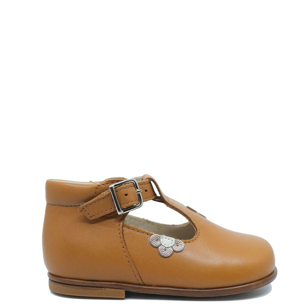 Beberlis Honey Flower T-Strap Baby Shoes for Girls - Soft Leather First Walkers with Non-Slip Sole - Perfect for Special Occasions & Daily Wear