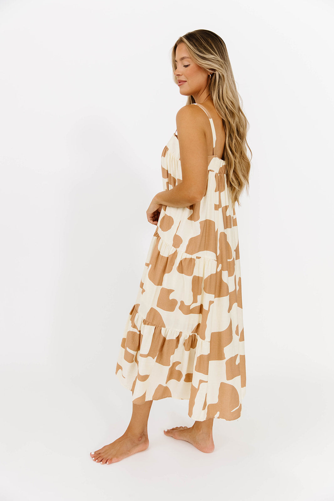 Padma Abstract Print Shirring Tiered Flowy Midi Dress in Ivory/Taupe - Elegant Boho Chic Dress for Women, Perfect for Summer Weddings, Beach Vacations & Date Nights
