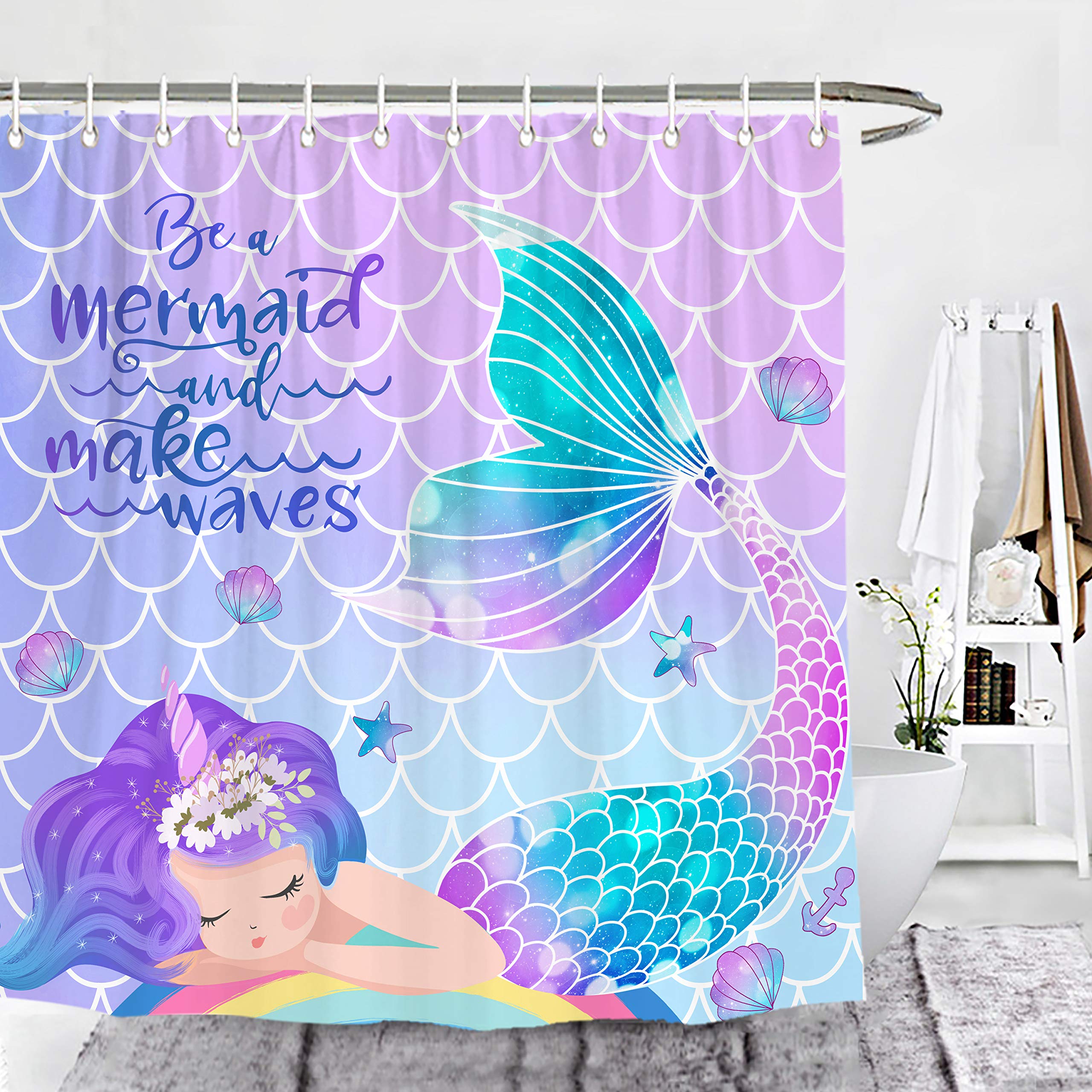 Mermaid Tail Shower Curtain - 72x72 Inch Bathroom Decor with Hooks, Waterproof Fabric for Girls & Kids - Perfect for Themed Bathrooms, Birthday Gifts & Fantasy Room Decor