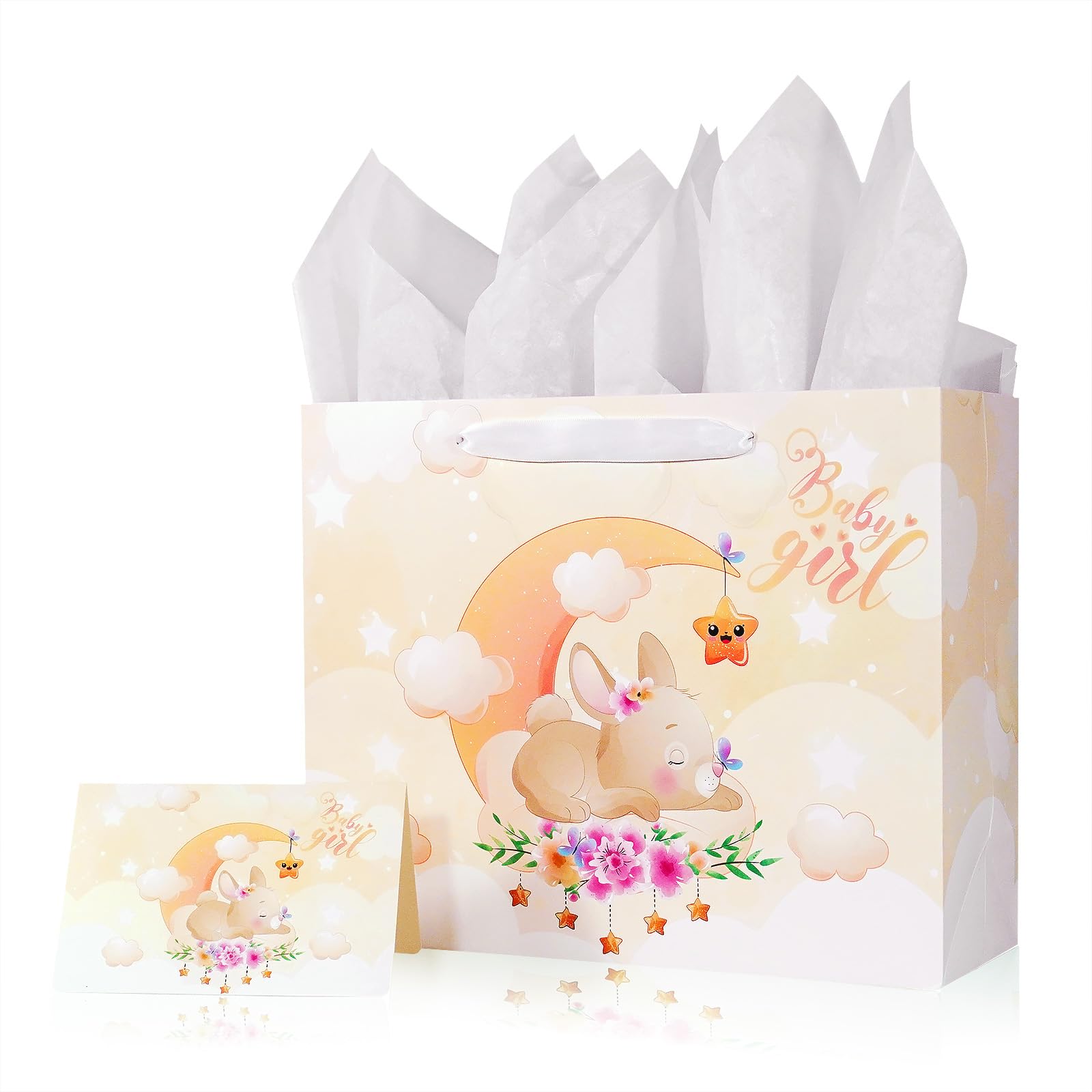Baby Girl Gift Bag Set with Card & Tissue Paper - 12.6 Inch Party Favor Bags with Handles for Baby Showers, Birthdays, Newborn Celebrations & New Parents - Perfect for Gender Reveals, Christenings & Welcome Home Parties