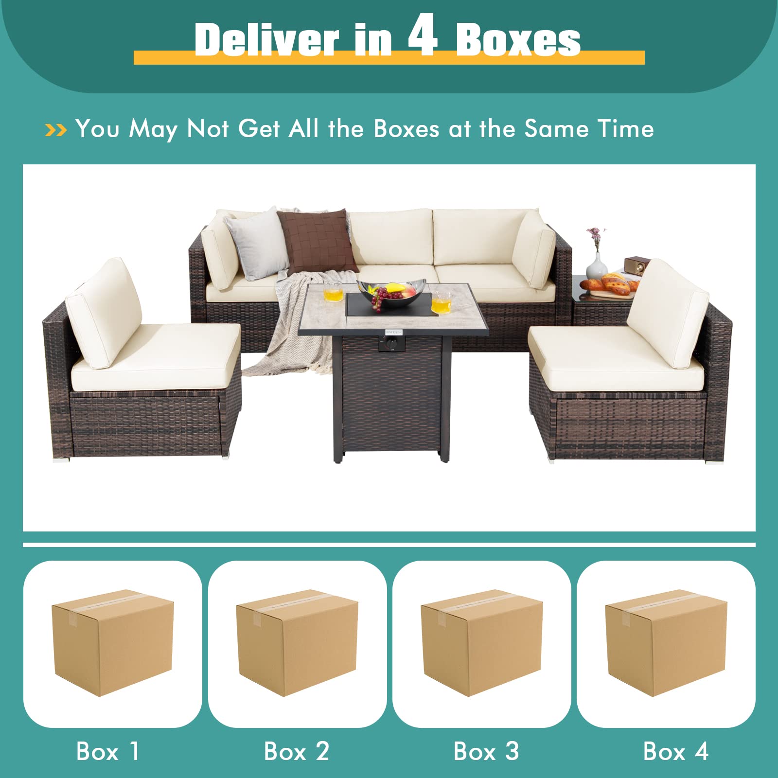 Tangkula 7-Piece Outdoor Patio Furniture Set with Fire Pit Table - PE Wicker Sectional Sofa, 30