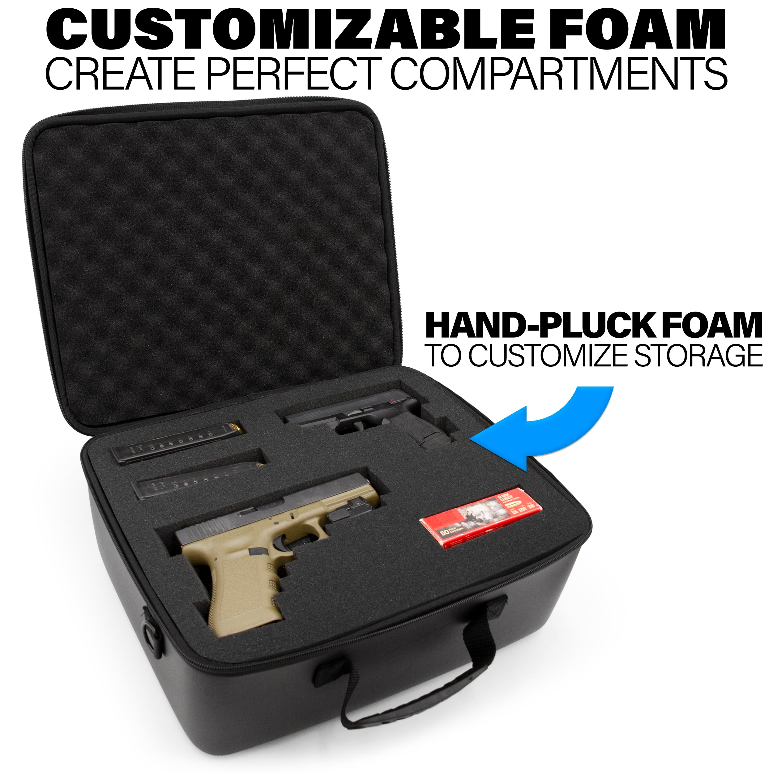 CASEMATIX Durable EVA Gun Case with Customizable Foam - Holds Up to 4 Pistols, Shoulder Strap Included | Perfect for Range Shooting, Hunting & Firearm Storage