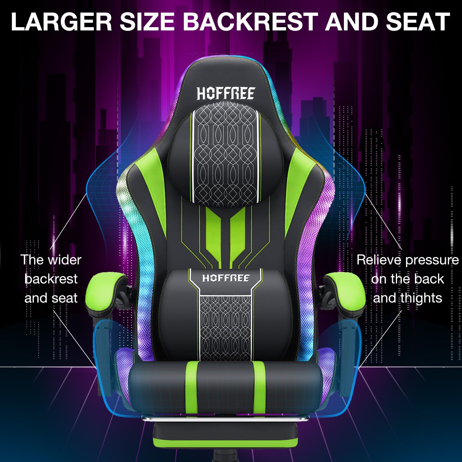 HOFFREE LED Gaming Chair with Massage & Speakers - Big and Tall Reclining Computer Desk Chair with Footrest - Supports 400lbs - Green and Black - Perfect for PC Gaming, Office Work, and Home Entertainment