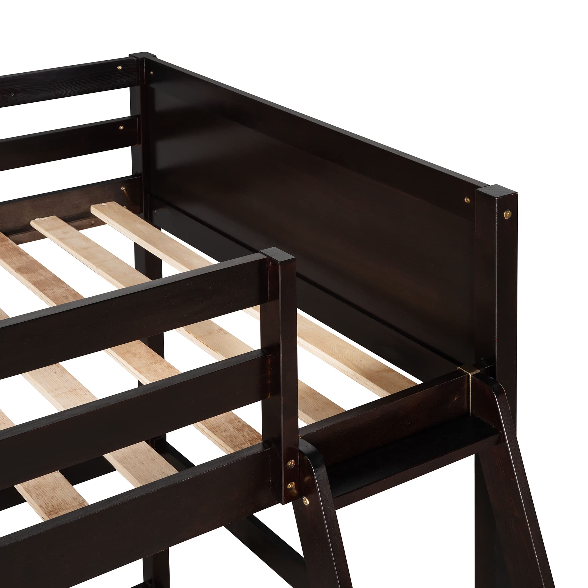 P PURLOVE Twin Loft Bed Frame with Angled Ladder - Solid Wood Loft Bed for Kids & Teens (Espresso Finish) - Space-Saving Bedroom Solution for Small Rooms & Dormitories