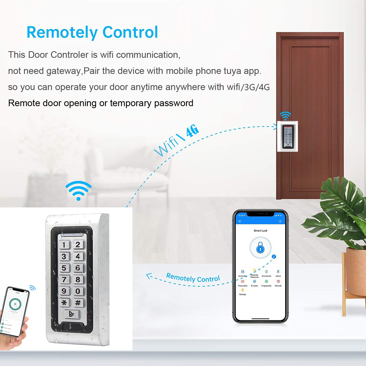 WiFi Mobile App Remote Control Keypad - IP68 Waterproof Metal RFID Door Access System with 2000 User Capacity, Wiegand 26-bit & Proximity Card Support | Perfect for Home Security, Office Entry, and Smart Building Access Control