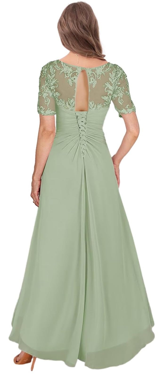 Elegant V-Neck Lace Chiffon Pleated Mother of The Bride Dress - Formal Wedding Guest Gown for Special Occasions & Ceremonies