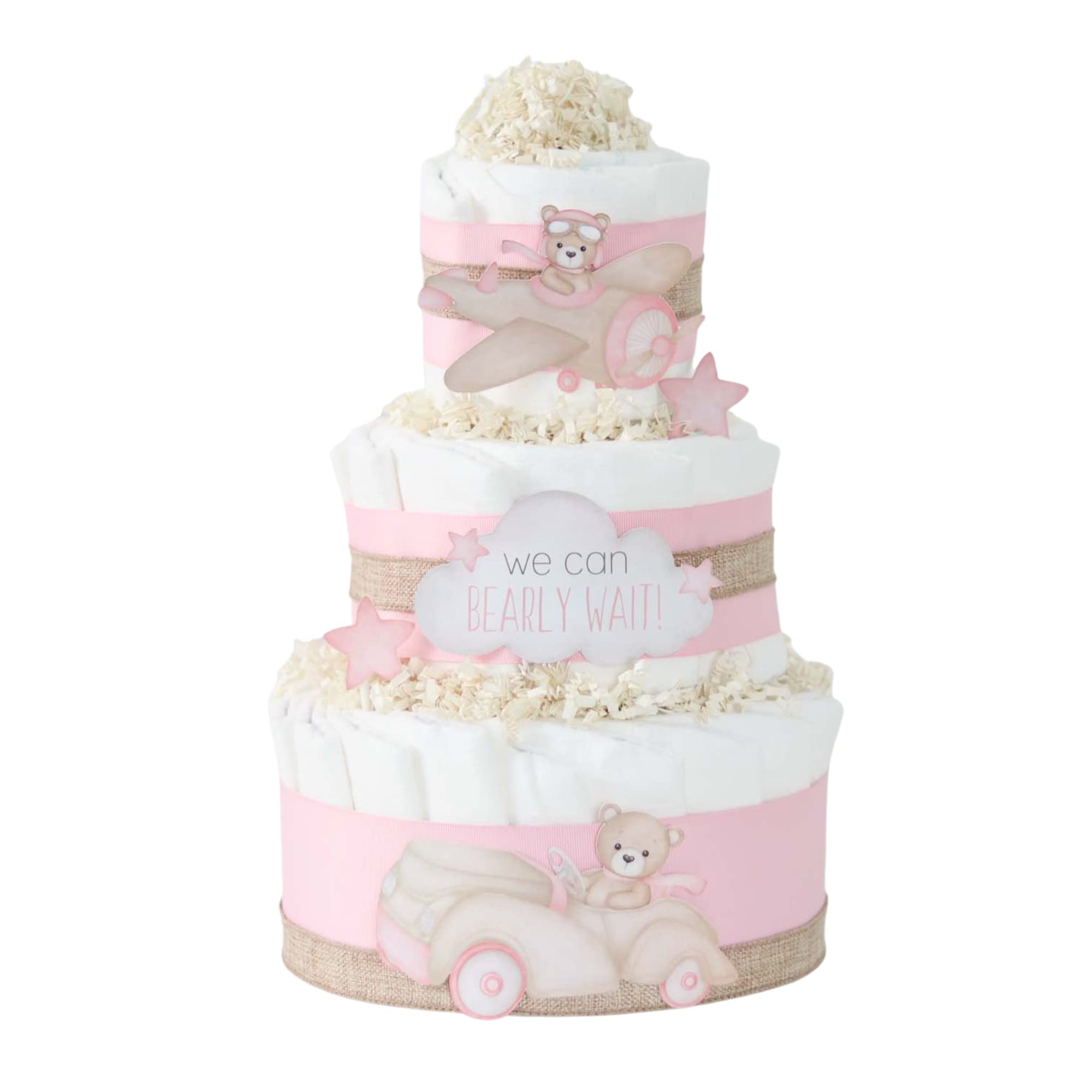 Teddy Bear Diaper Cake - Adorable Baby Shower Centerpiece for Girls - Pink Car & Plane Theme - Perfect Newborn Gift for Baby Showers, Gender Reveals & Nursery Decor
