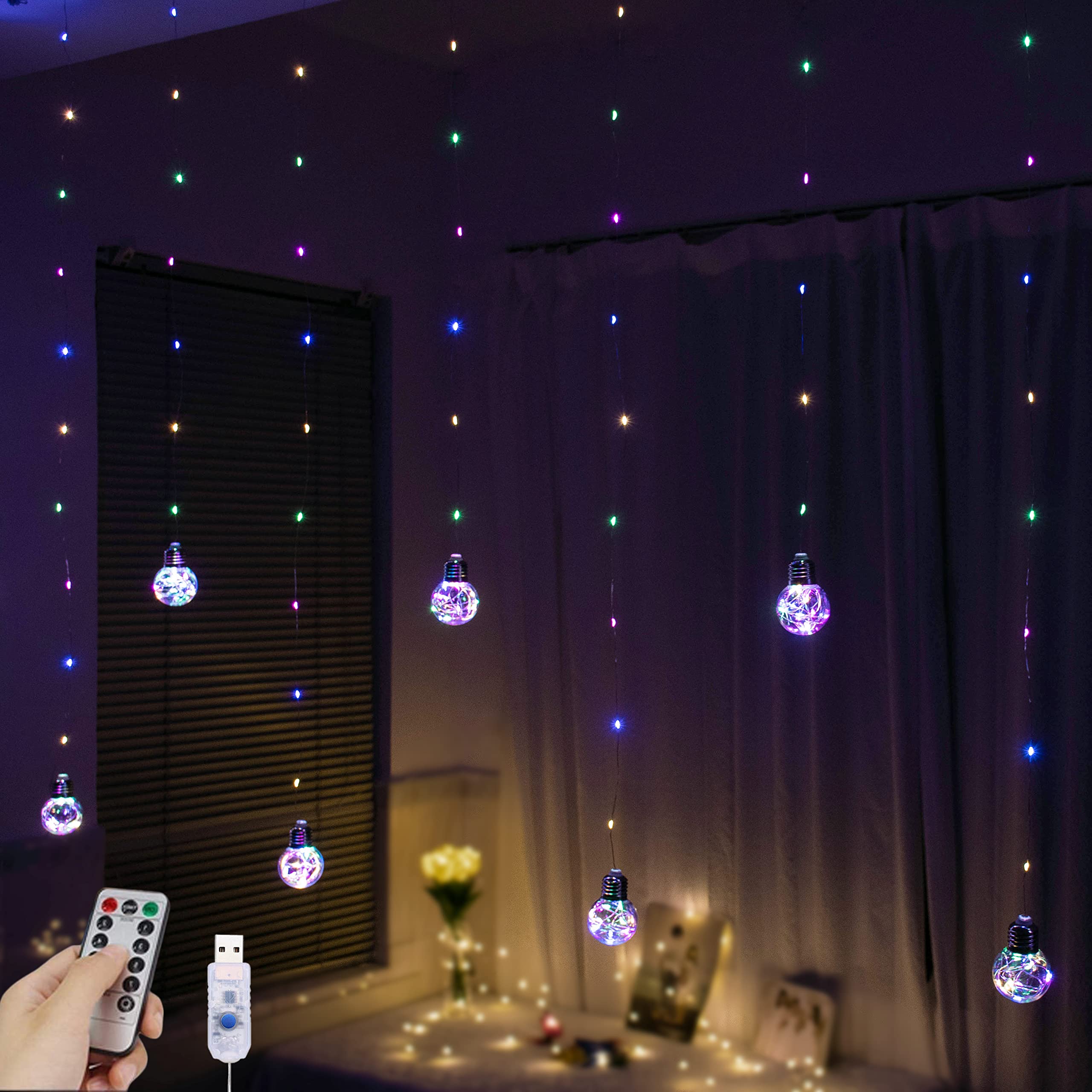 YOLIGHT 200 LED Wishing Ball Curtain Lights with Remote - USB Battery Powered Twinkle Globe Fairy String Lights for Window, Wedding, Party, Bedroom & Christmas Decorations (Multi-Colored) | Romantic Ambiance, Holiday Lighting, Home Decor Gift