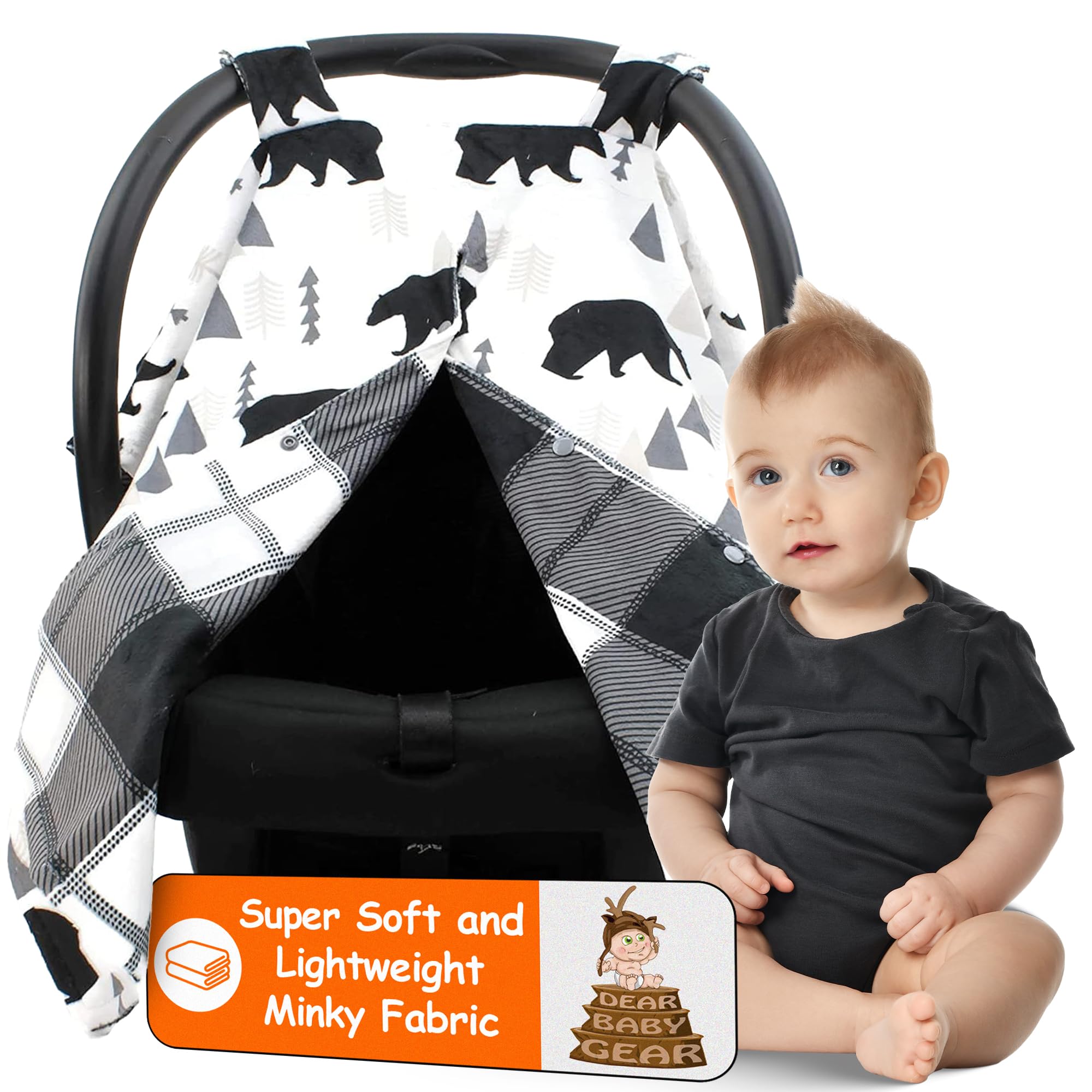 Dear Baby Gear Infant Car Seat Canopy & Winter Cover - Universal Stroller Cover - Black Bears Plaid Design (40