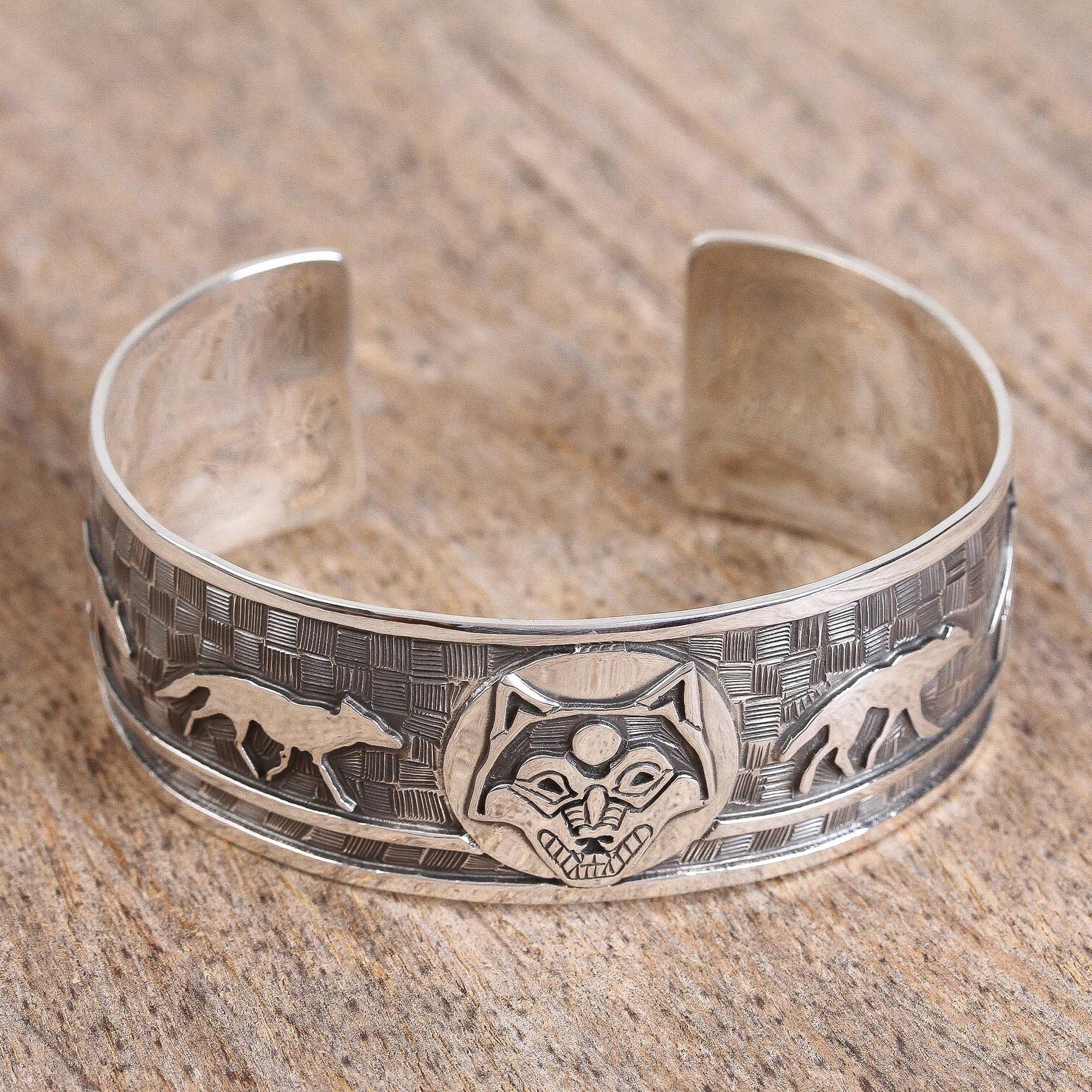 Handmade Sterling Silver Cuff Bracelet - Taxco Wolf Design from Mexico - Animal Themed Jewelry - 6.5 Inch Length - Perfect for Boho Fashion & Gift Giving