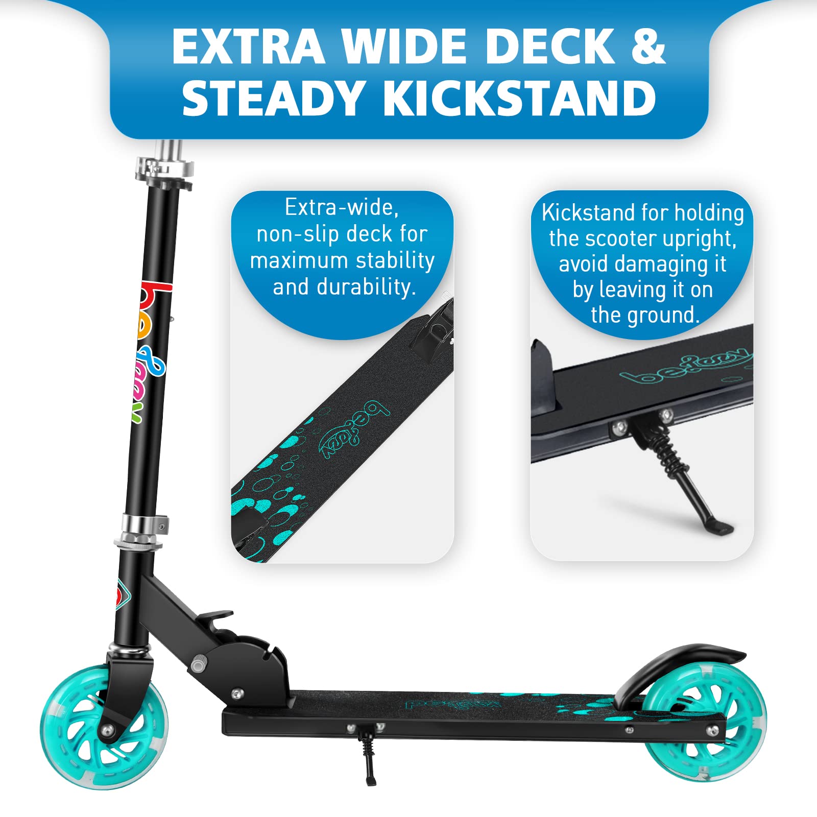 BELEEV V1 Kids Scooter - Adjustable Height 2 Wheel Folding Kick Scooter with LED Light Up Wheels for Boys & Girls Ages 3-12 | Lightweight & Sturdy Frame with Kickstand | Perfect for Commuting, School, Parks & Outdoor Play