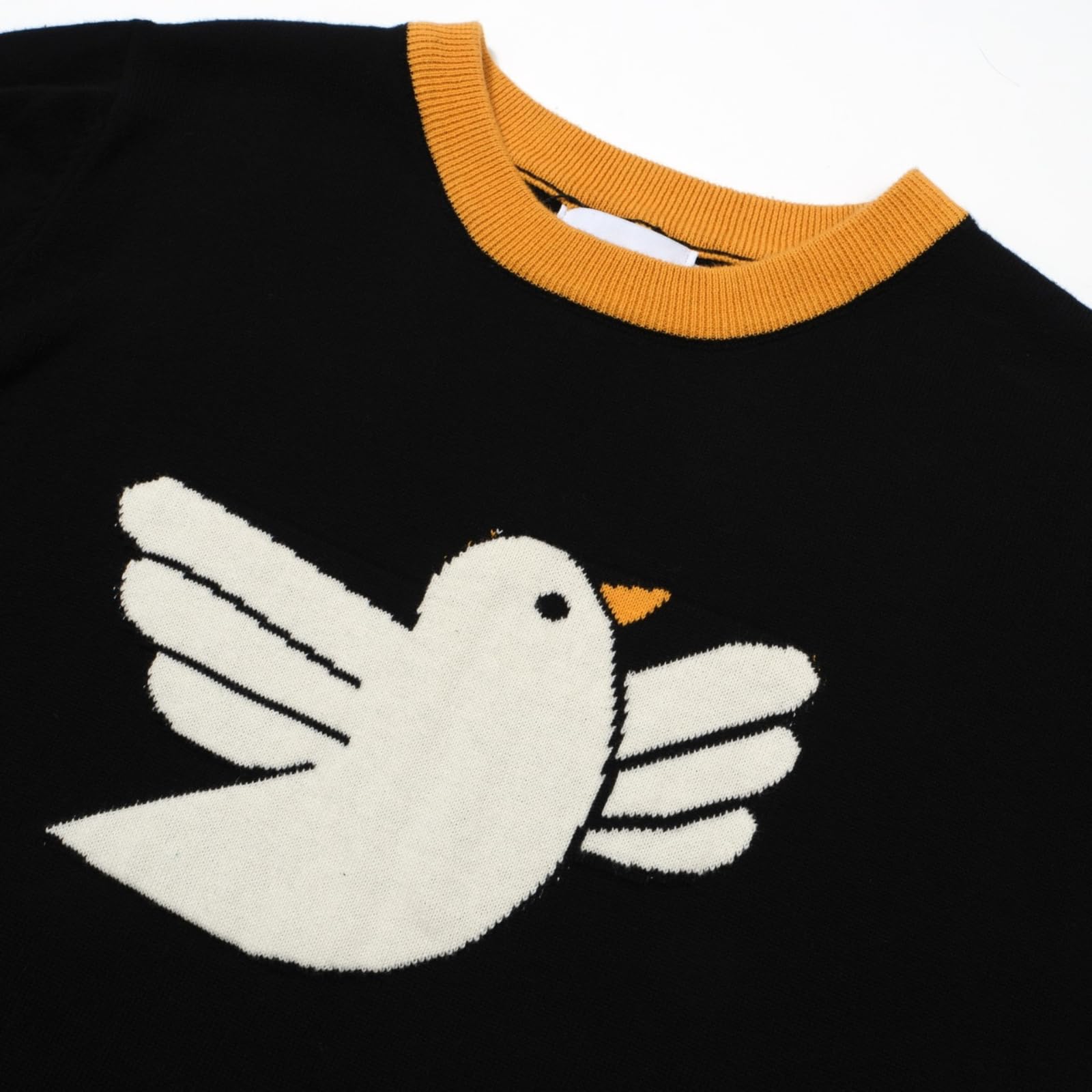 OXKnit Women's Vintage Black Short Sleeve Knitted T-Shirt - Casual Cotton Retro Pigeon Print Top for Everyday Wear, Date Night & Boho Outfits