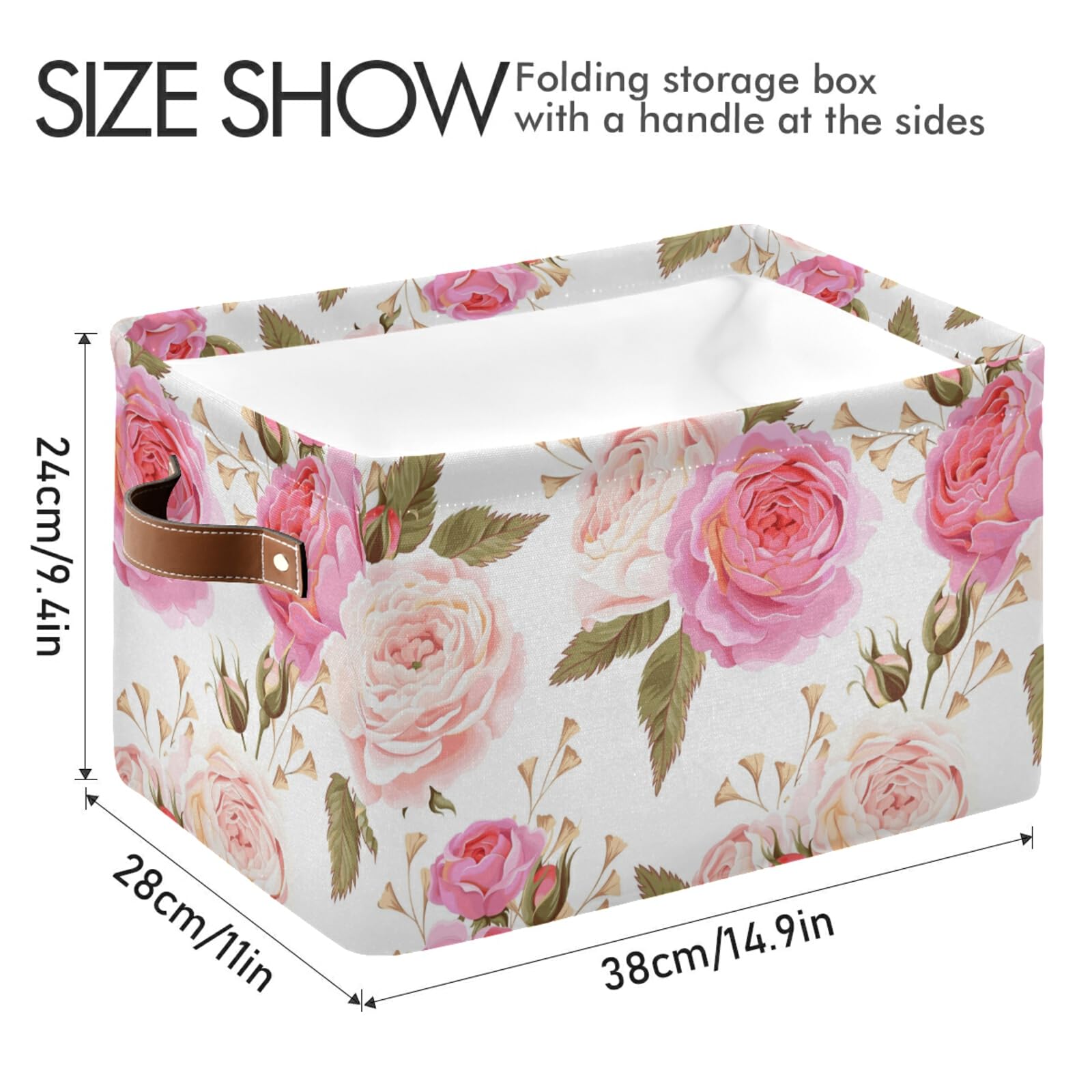 Susiyo Large Foldable Storage Bin - Floral Pink Roses Fabric Collapsible Basket with PU Handles | Organizer for Shelves, Closet, Bedroom & Living Room | Perfect for Home Organization & Decorative Storage (1-Pack)