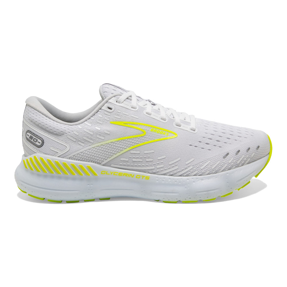 Brooks Glycerin GTS 20 Running Shoes for Men - White/Nightlife Color, Size 12.5 D Medium - Premium Cushioned Support for Long Distance Running & Marathon Training