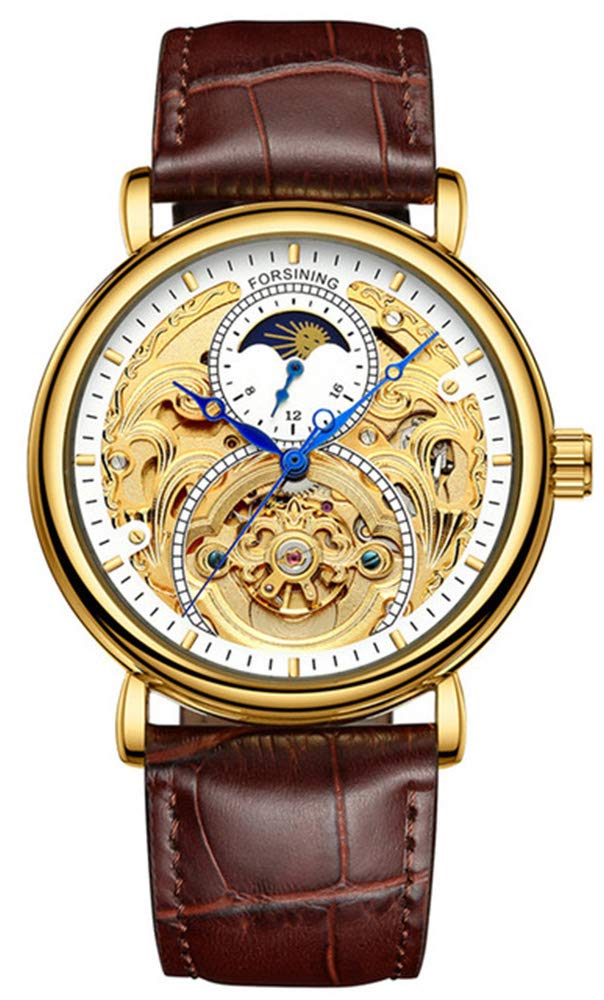 MASTOP Men's Automatic Self-Wind Luxury Skeleton Watch - 3D Hollow Design Stainless Steel Case with Genuine Leather Strap - Dress, Business & Casual Wear for Men
