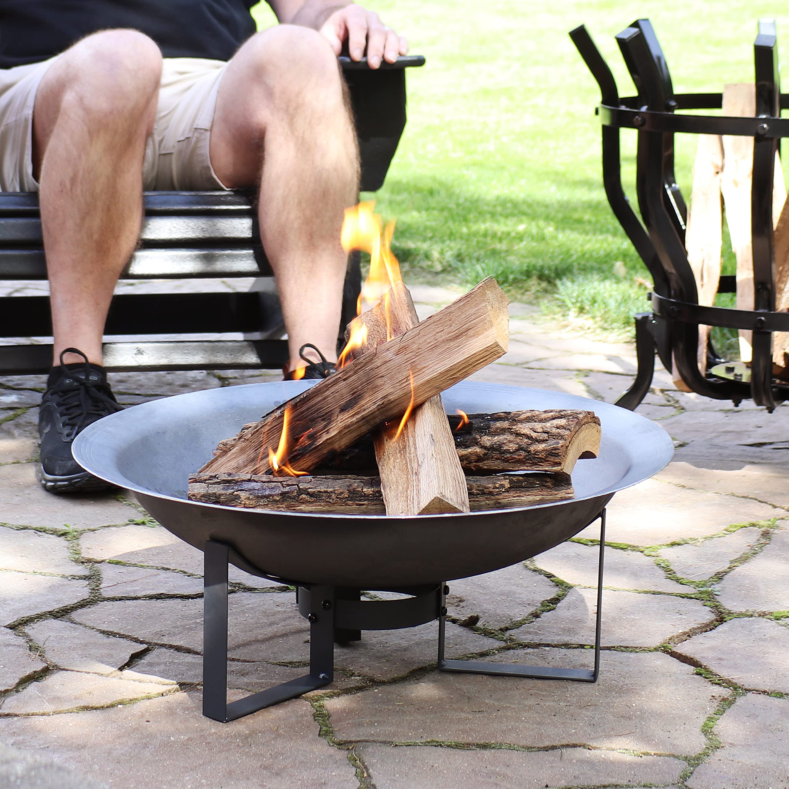 Sunnydaze 24-Inch Cast Iron Fire Pit Bowl with Stand - Lightweight Portable Outdoor Fire Pit for Patio, Backyard, Camping & Garden Gatherings
