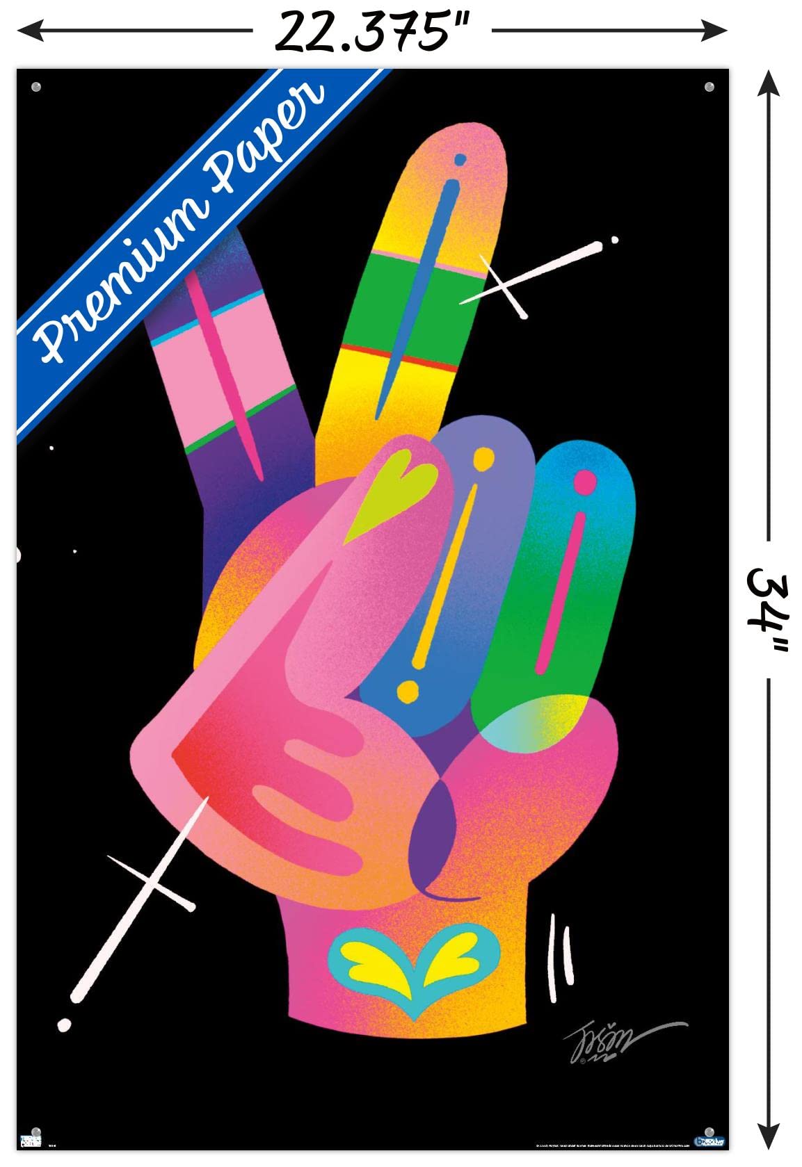 Jason Naylor Peace Sign Hand Wall Art Poster with Push Pins - Vibrant Inspirational Decor for Bedroom, Living Room & Office