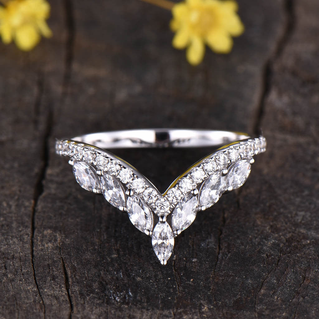 14K/18K Gold Marquise & Round Moissanite Wedding Band for Women - Half Eternity Ring - Perfect for Engagement, Anniversary & Bridal Jewelry Gifts