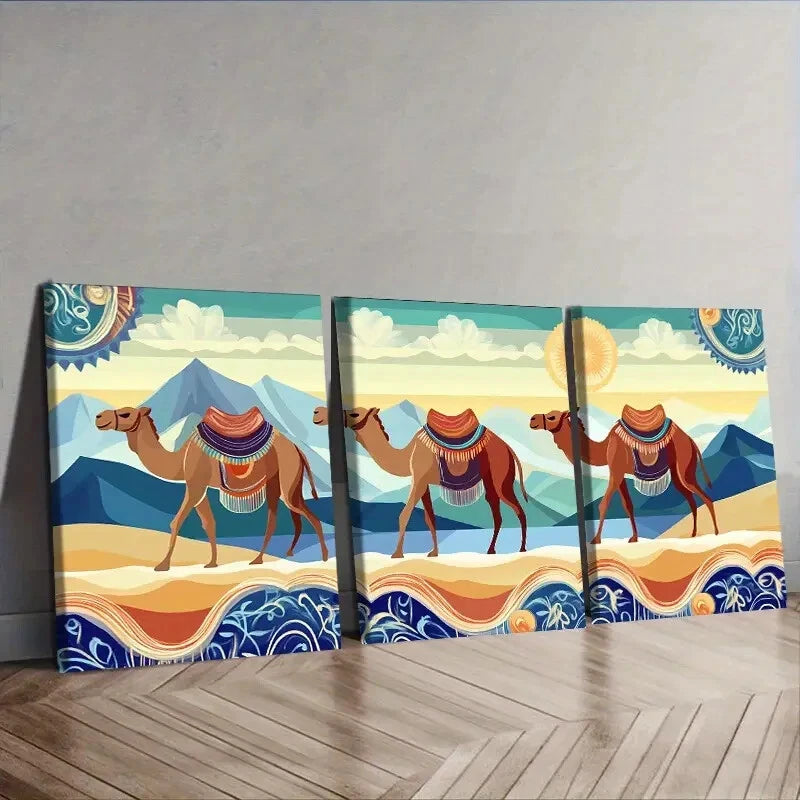 3-Piece Caravan of Camels Wall Art Set - Framed Canvas 40x60cm (16x24in) - High Quality Australian Made Prints - Ready to Hang Desert Theme Decor for Living Room, Bedroom or Office