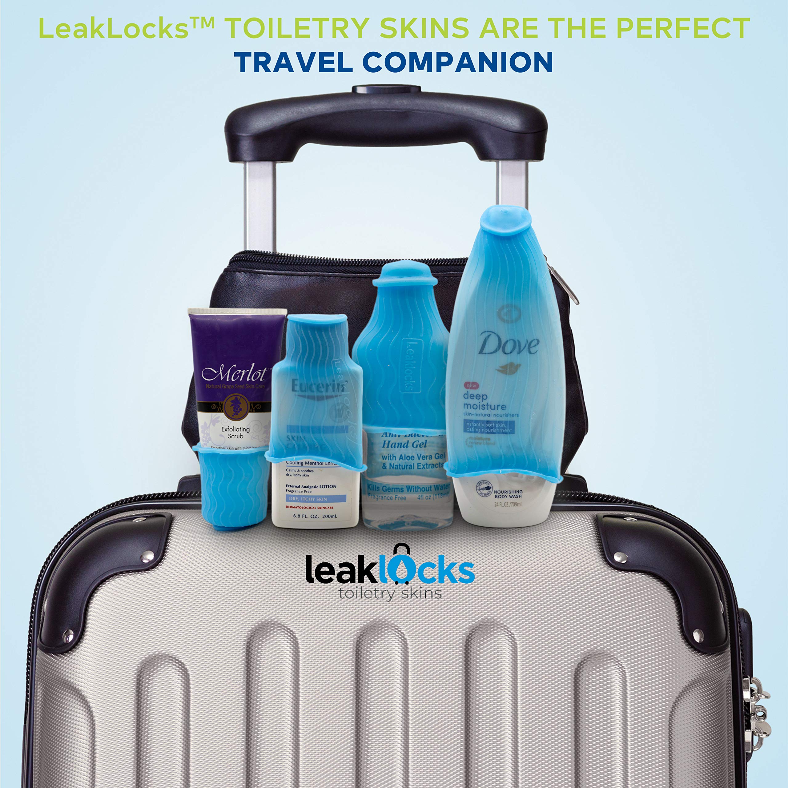 LeakLocks® Toiletry Skins™ Elastic Sleeve - Leak Proof Travel Container Cover for Standard & Travel Size Toiletries | Reusable Luggage Accessory for Suitcase, Carry-on & Travel Bags | Perfect for Airplane Trips, Camping & Business Travel